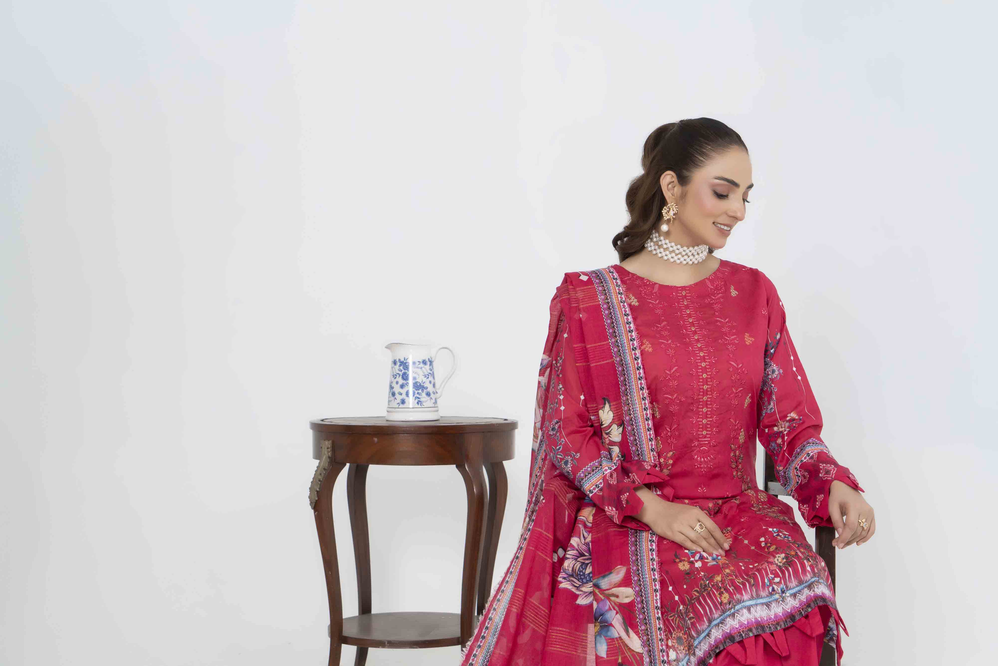 Deep Pink Printed Embroidered 3 Pcs Lawn Set