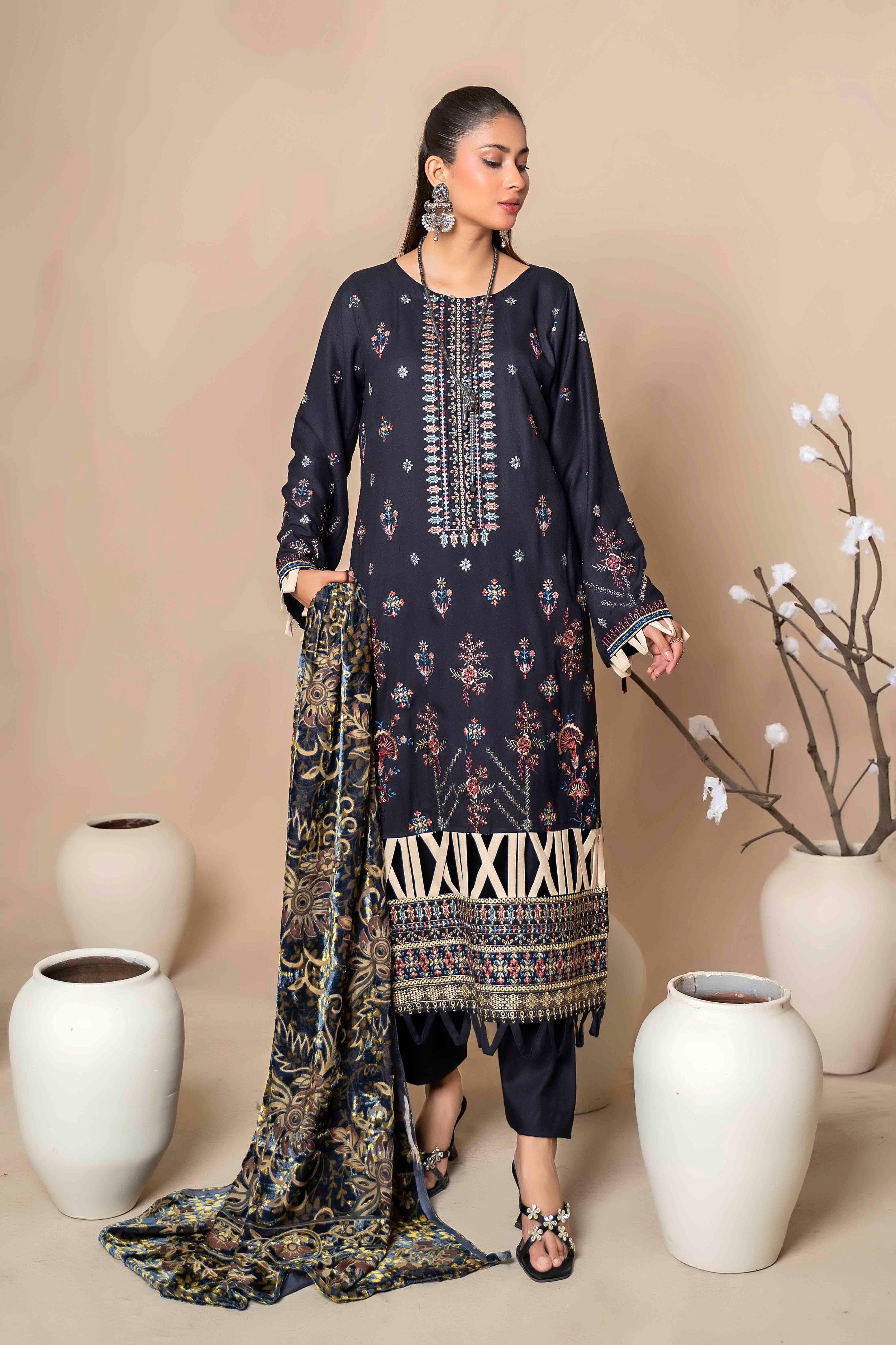 Deep Navy Embroidered Dhanak Suit