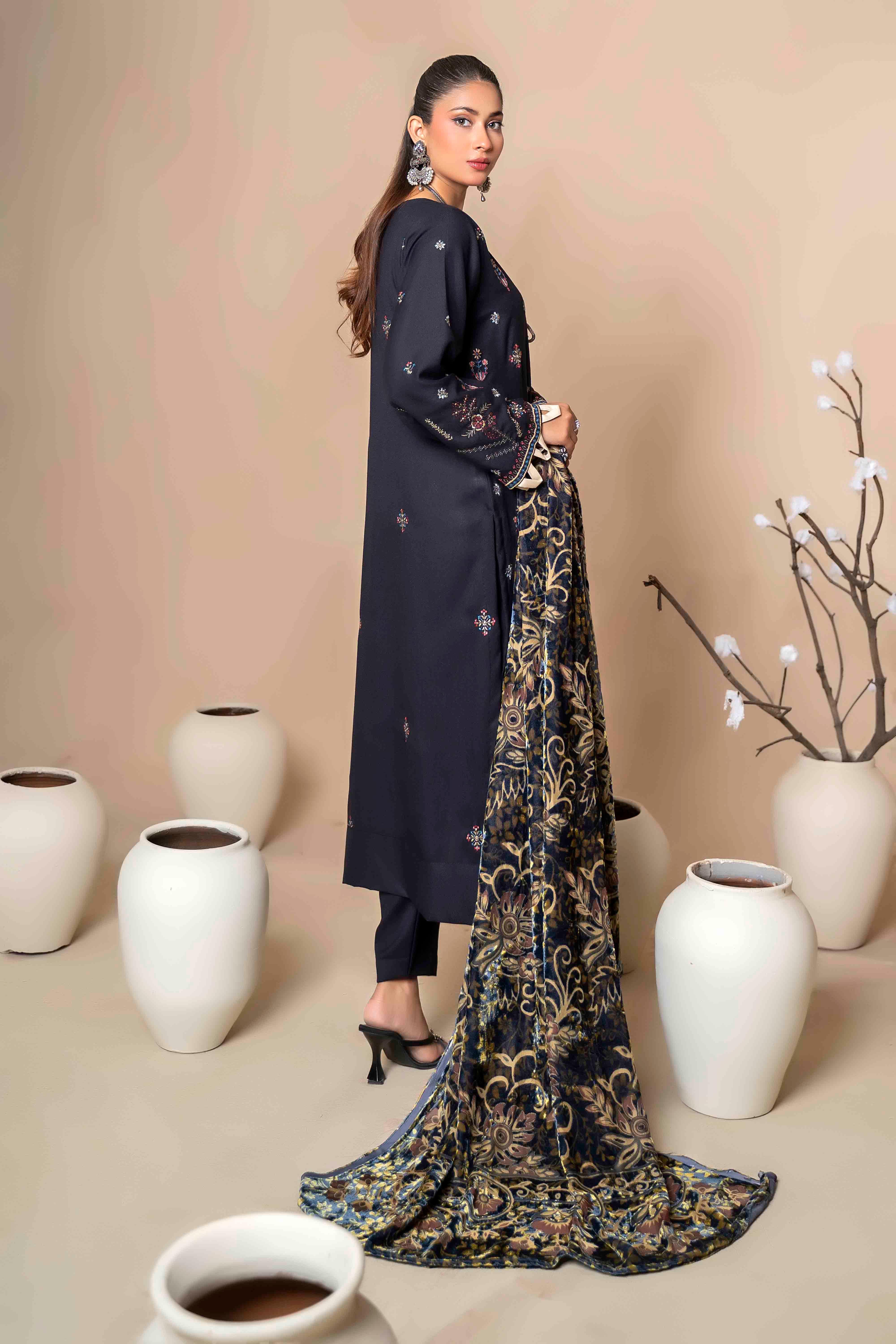 Deep Navy Embroidered Dhanak Suit