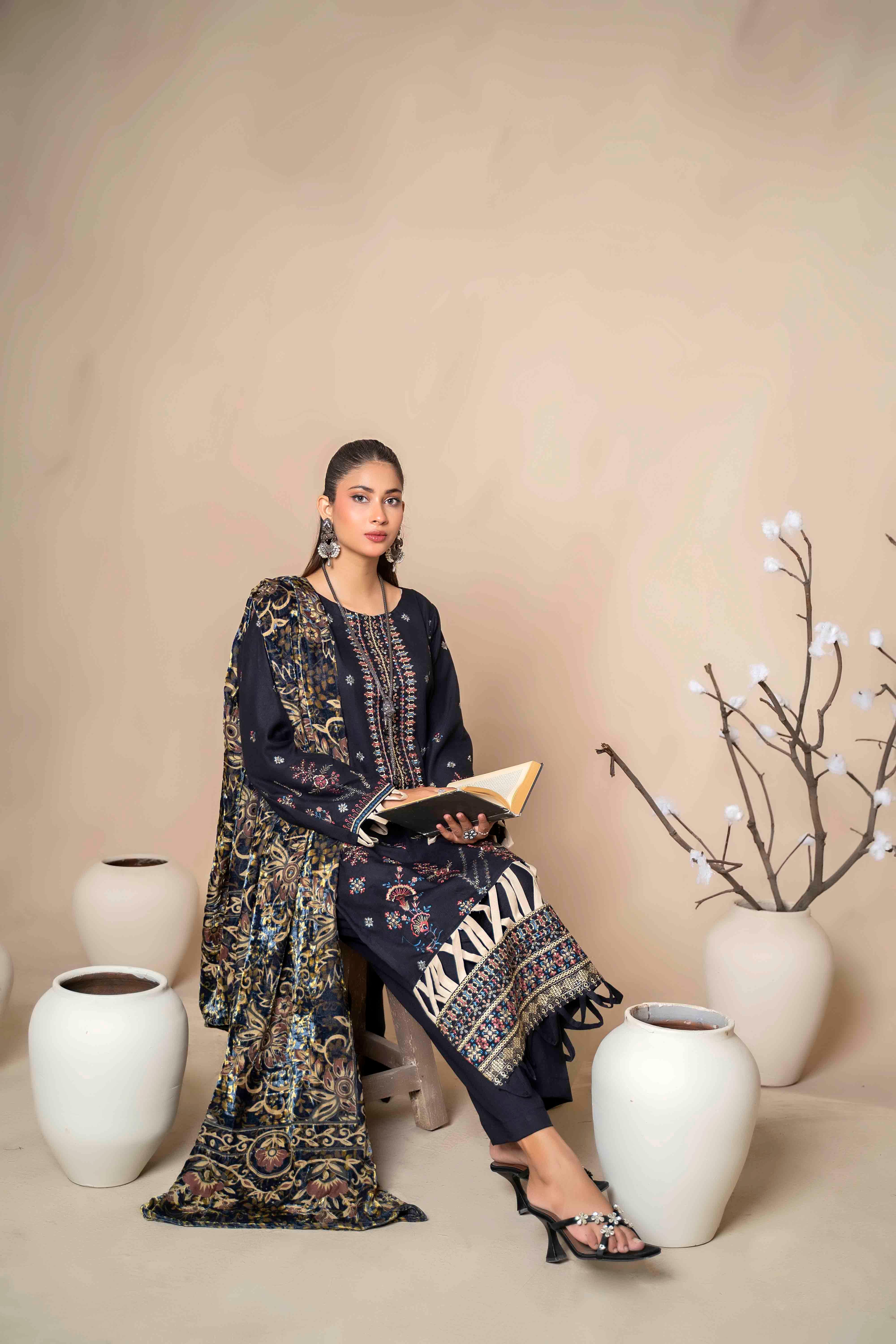 Deep Navy Embroidered Dhanak Suit