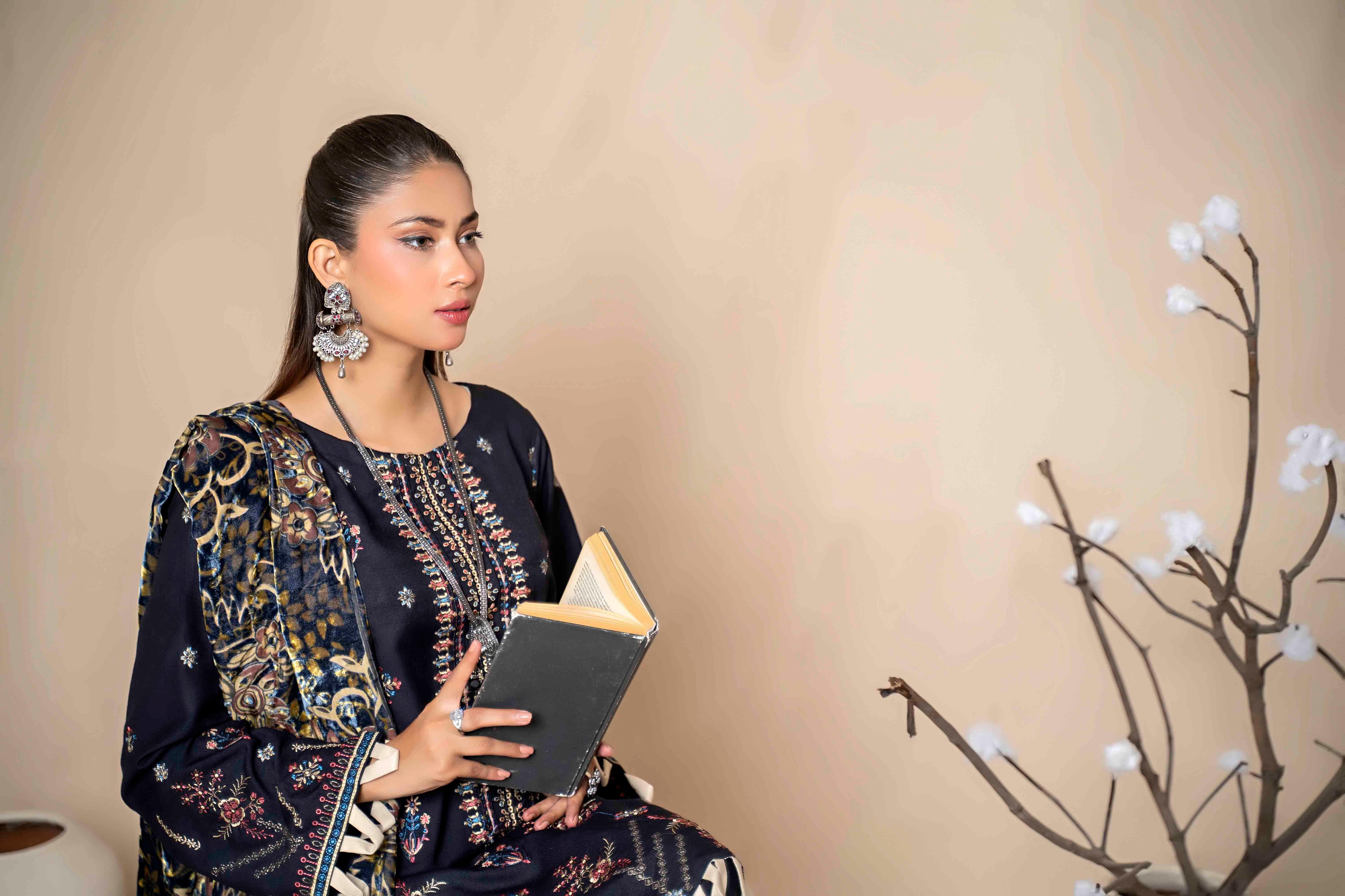 Deep Navy Embroidered Dhanak Suit