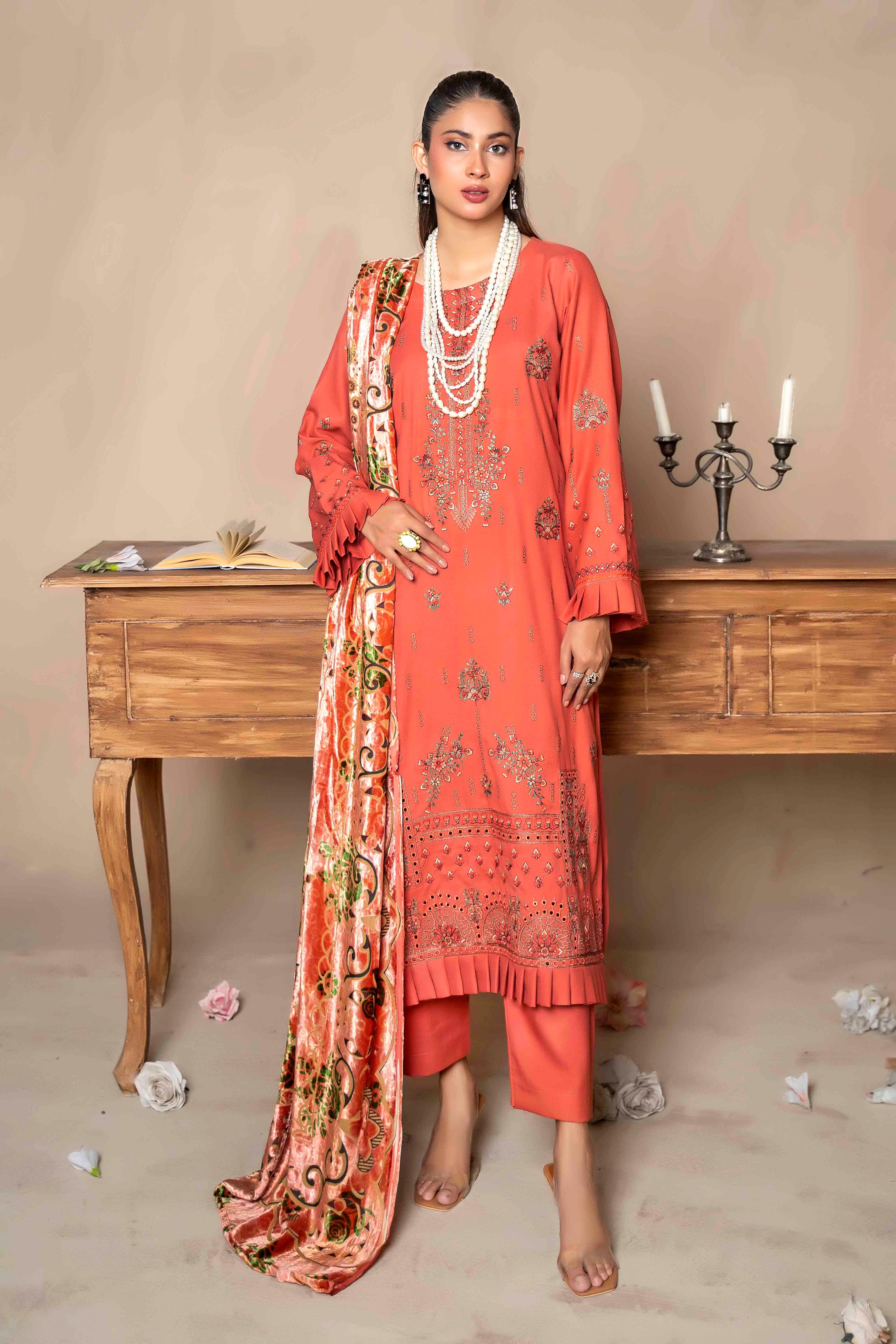 Deep Orange Embroidered Dhanak Suit