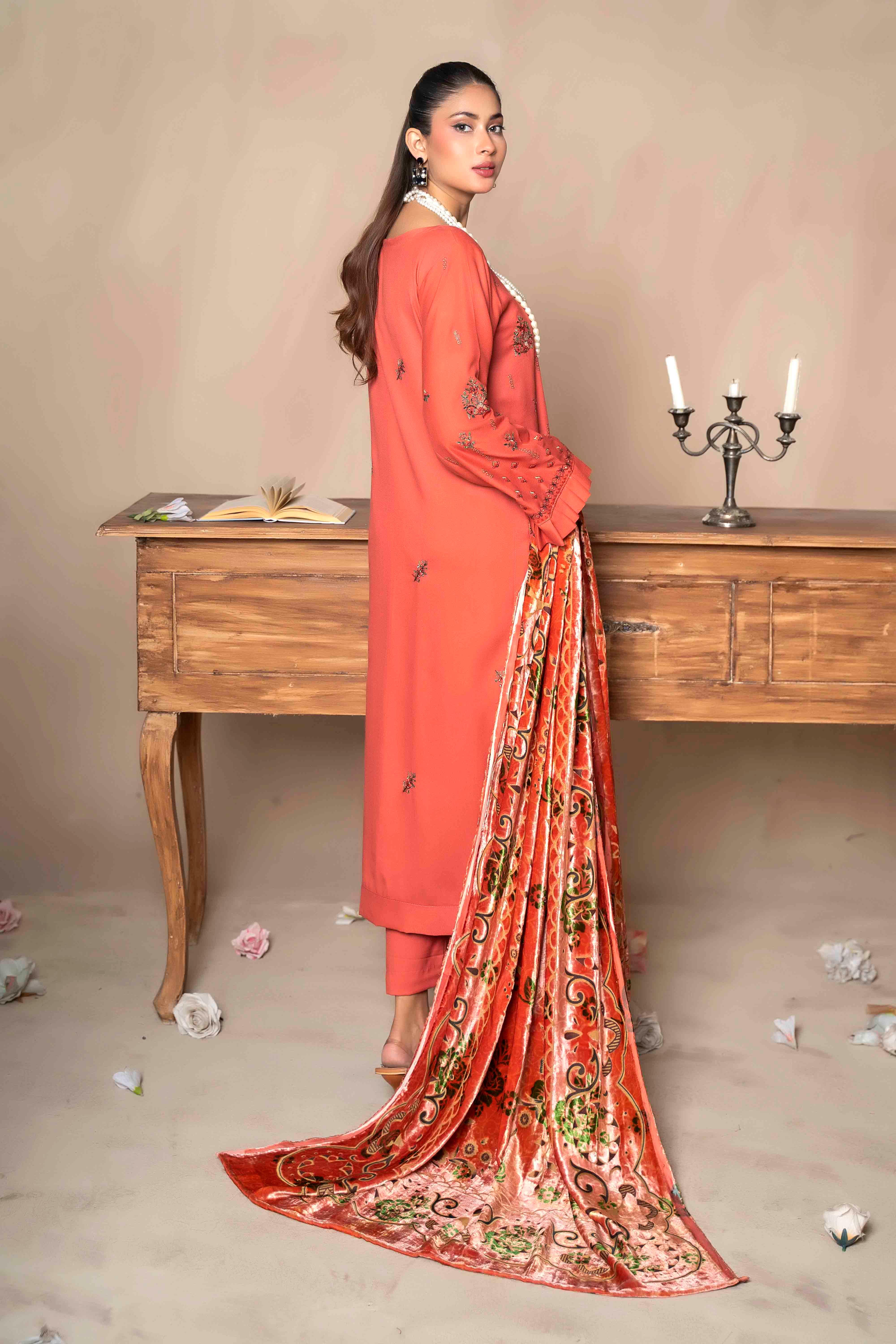 Deep Orange Embroidered Dhanak Suit