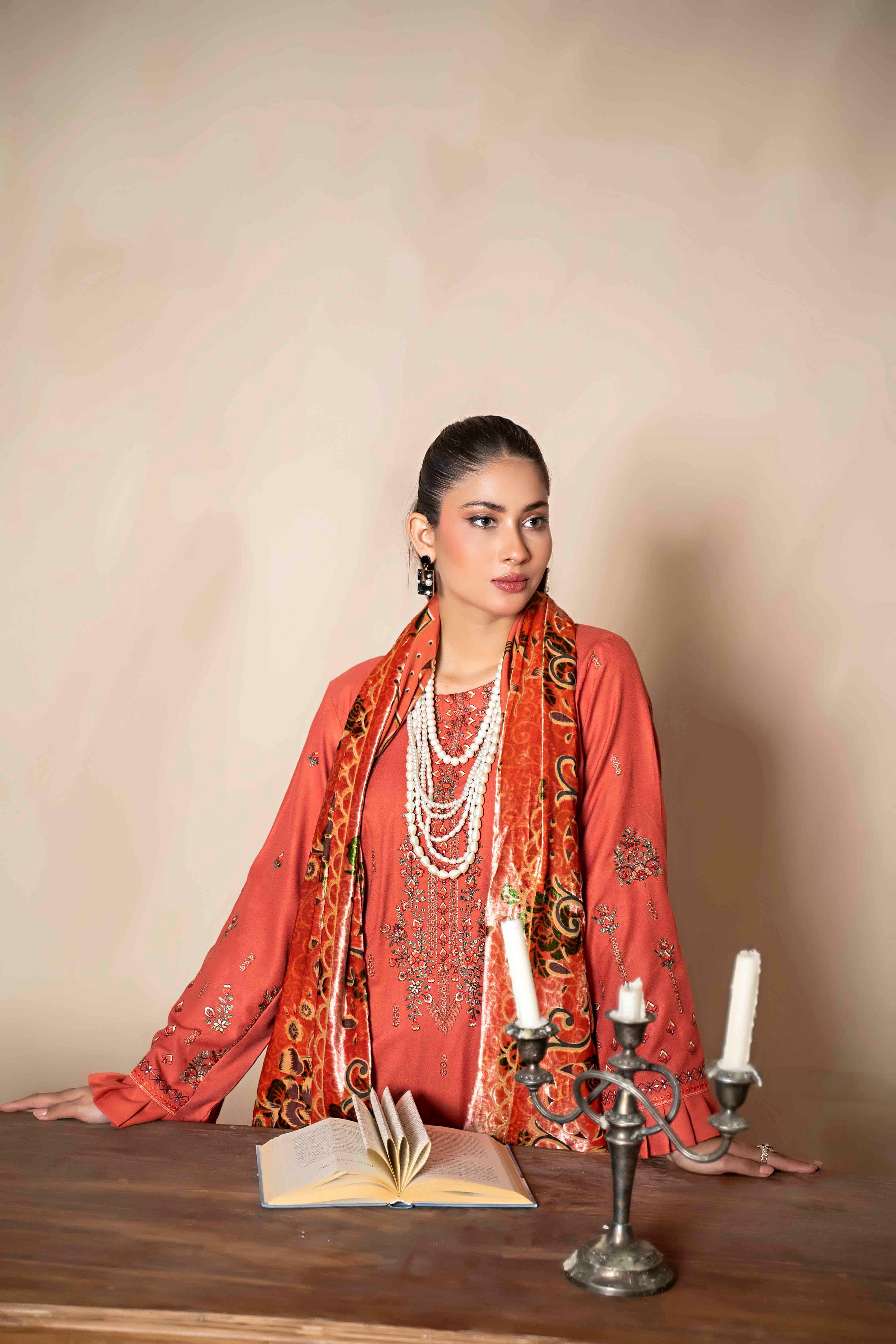 Deep Orange Embroidered Dhanak Suit