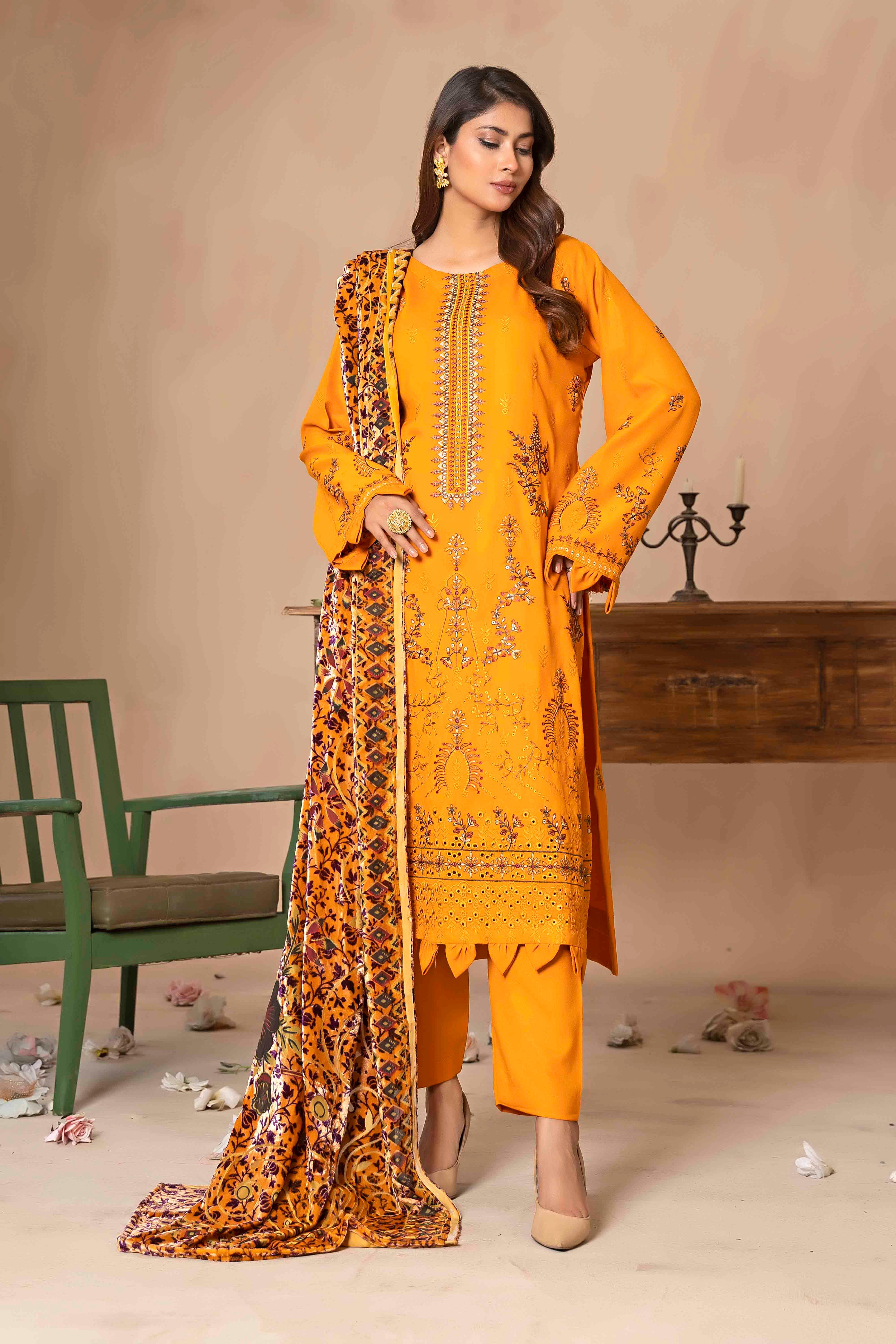 Luxury Mustard Embroidered Dhanak Suit