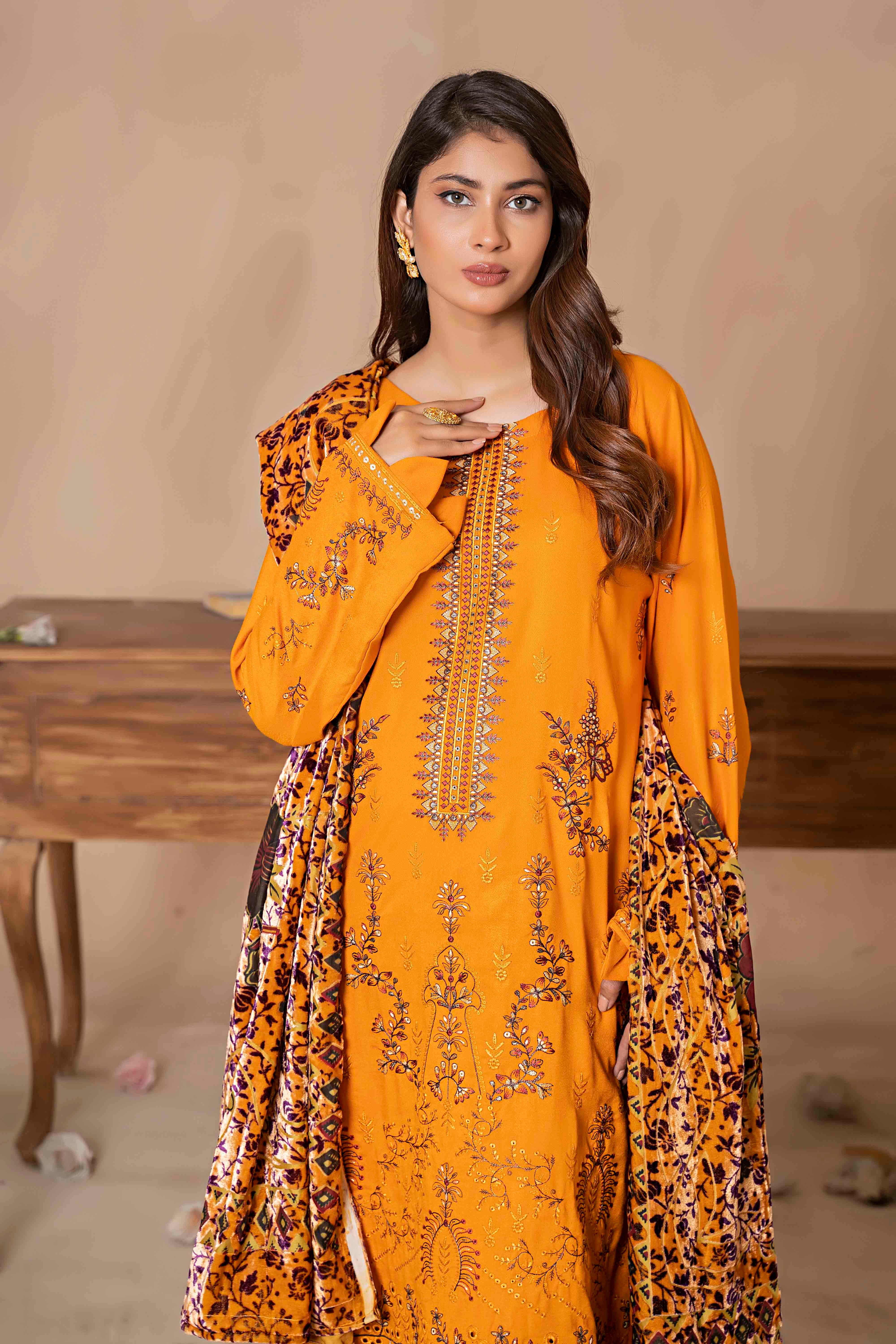 Luxury Mustard Embroidered Dhanak Suit