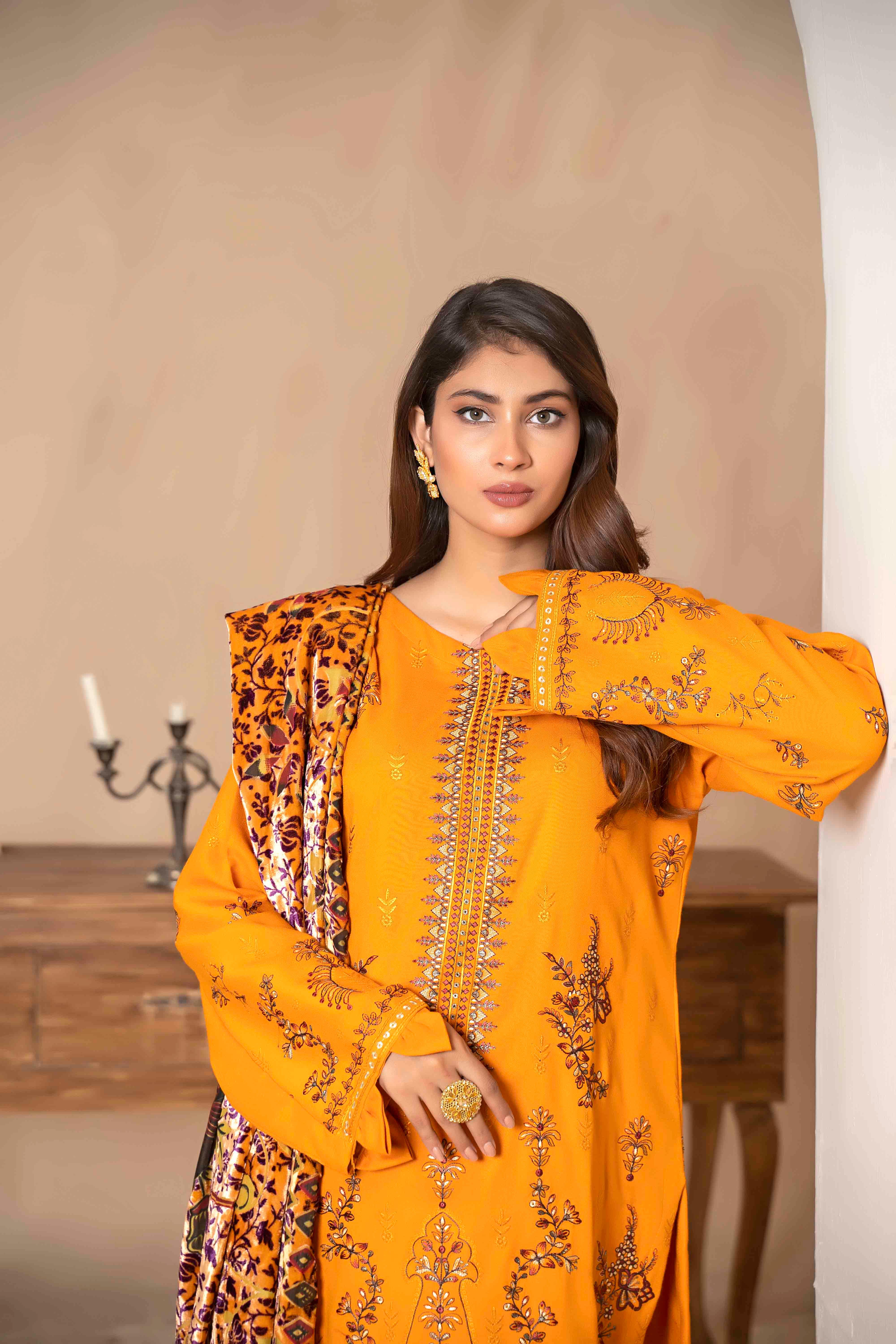 Luxury Mustard Embroidered Dhanak Suit