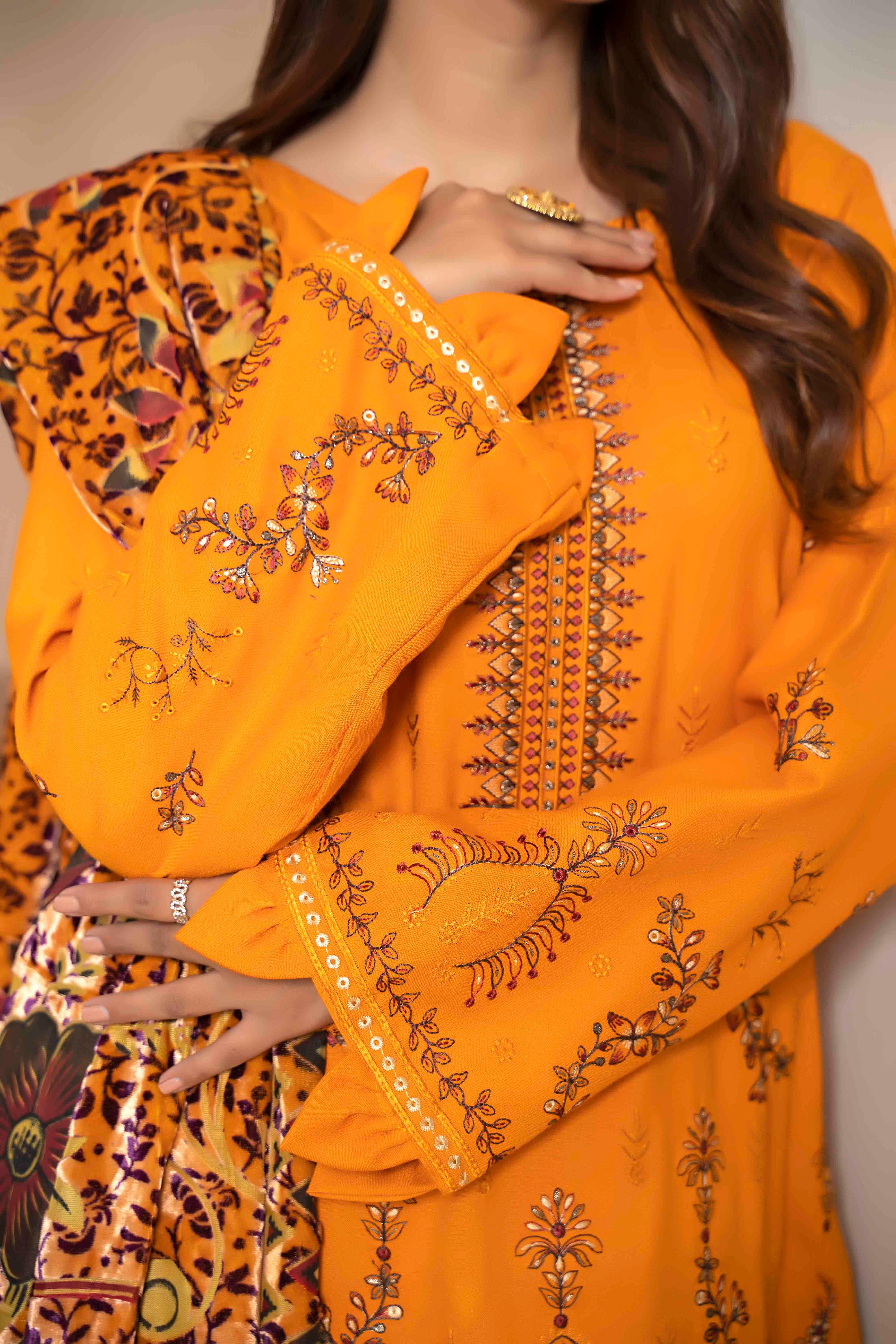 Luxury Mustard Embroidered Dhanak Suit