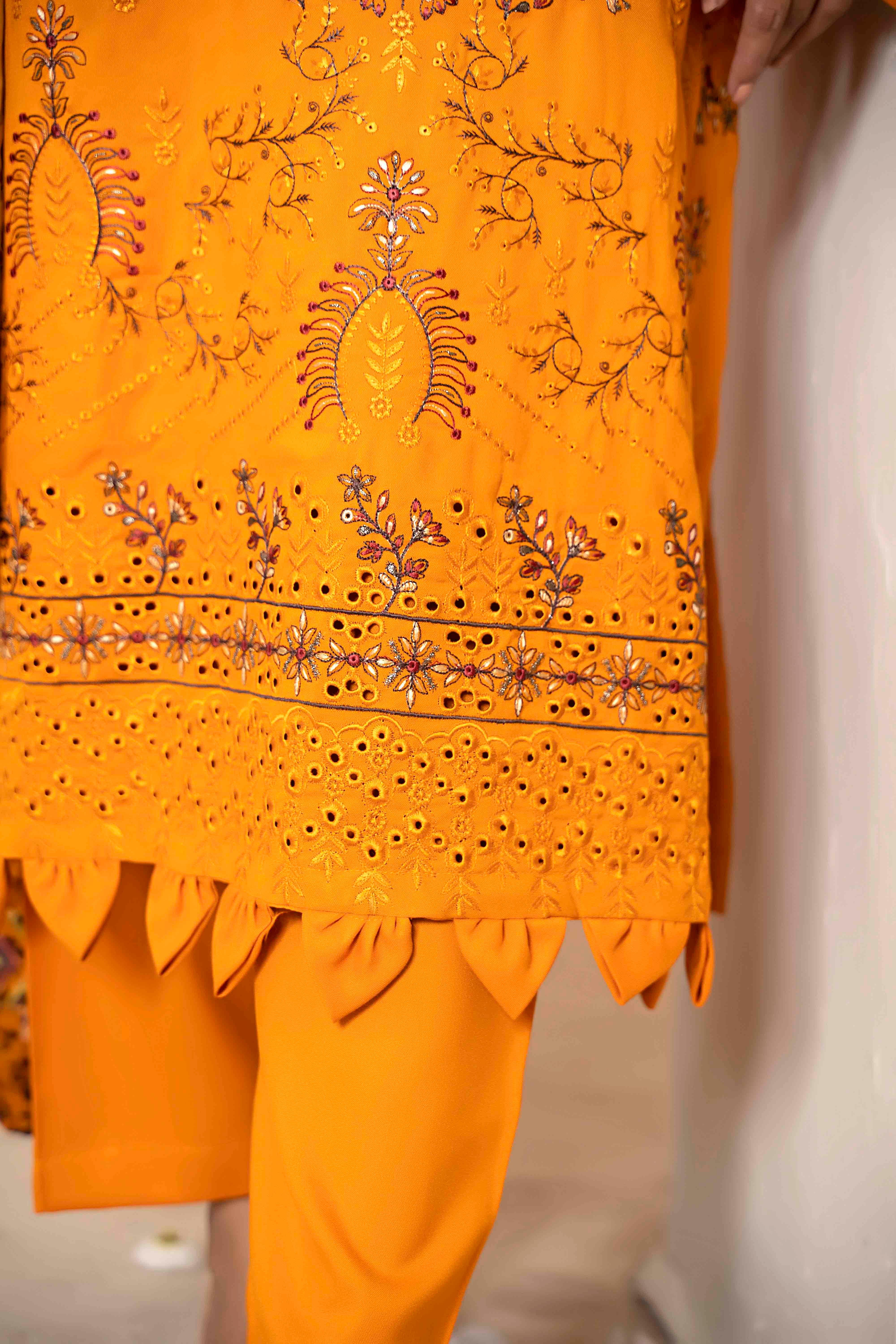 Luxury Mustard Embroidered Dhanak Suit