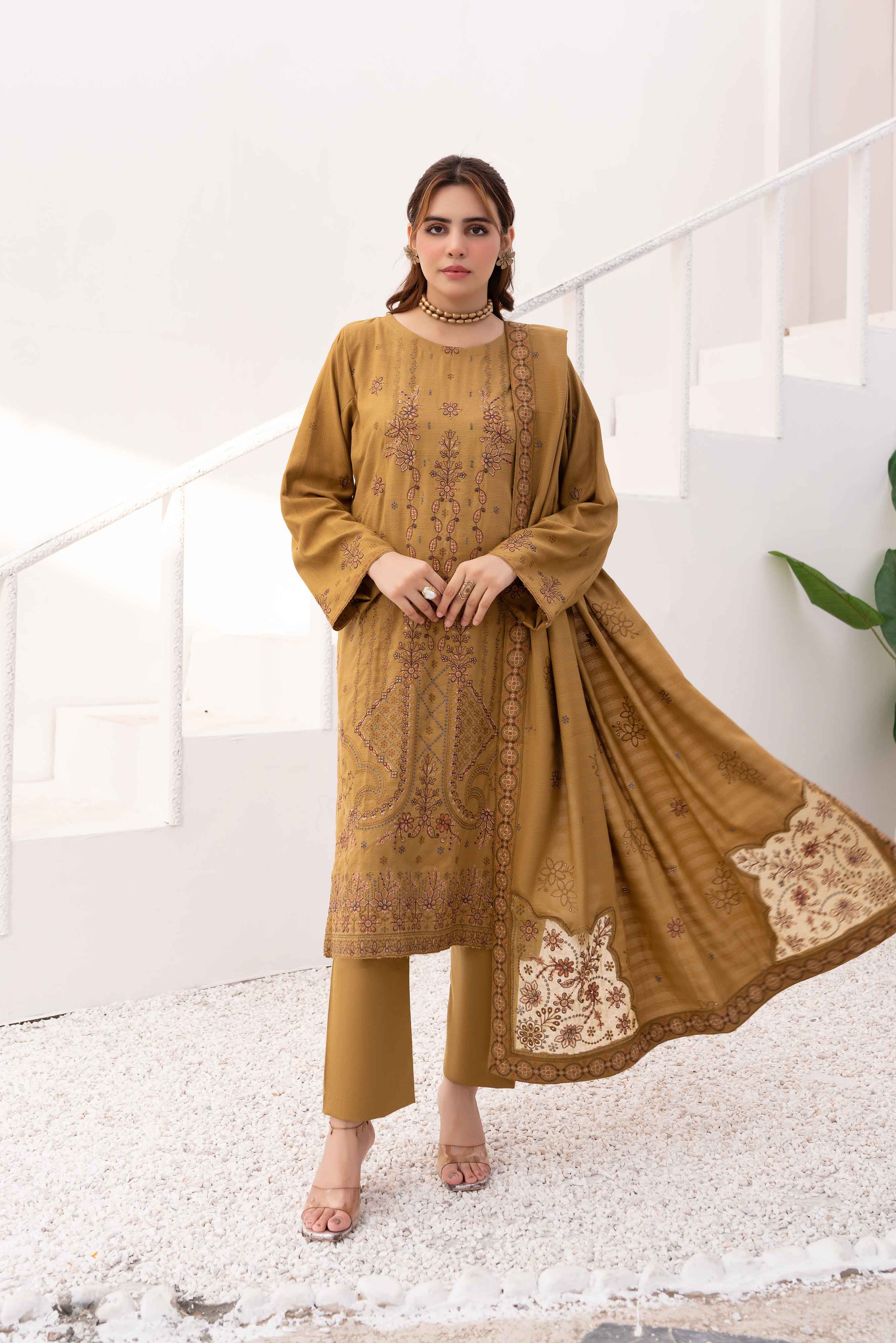 Luxury Beige 3 pcs Embroidered Dhanak Dora Set