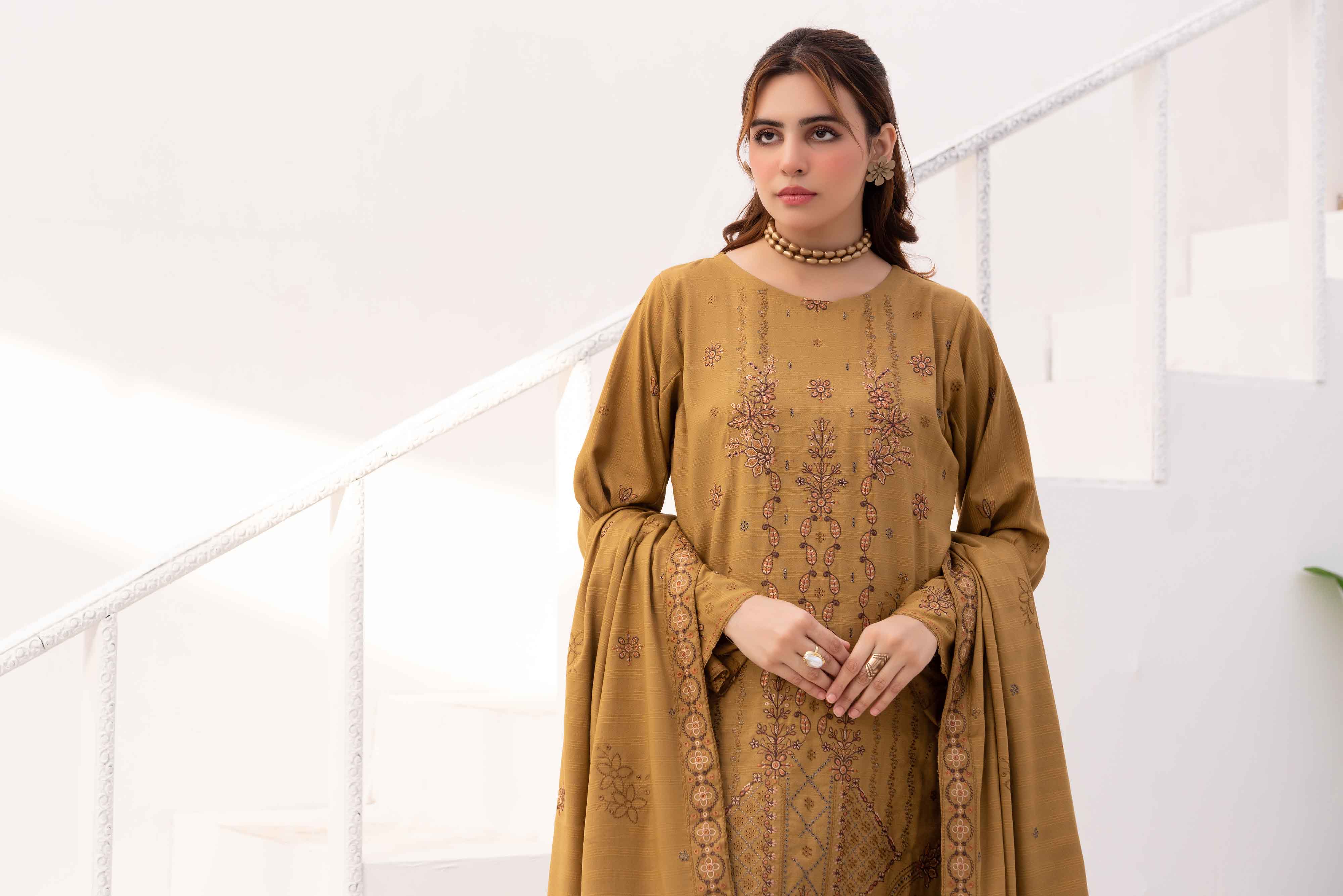 Luxury Beige 3 pcs Embroidered Dhanak Dora Set