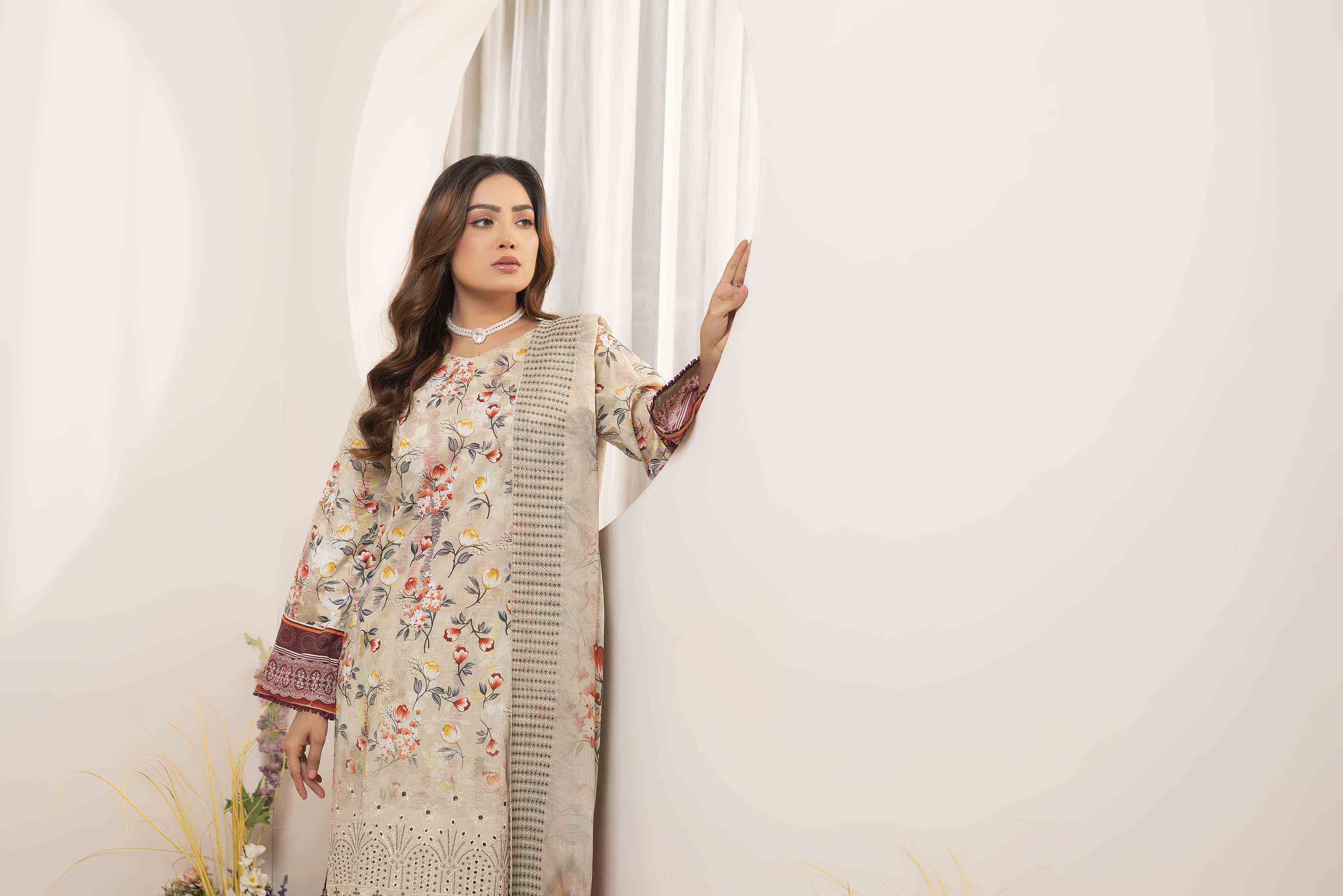 Luxury Beige Embroidered Lawn Set