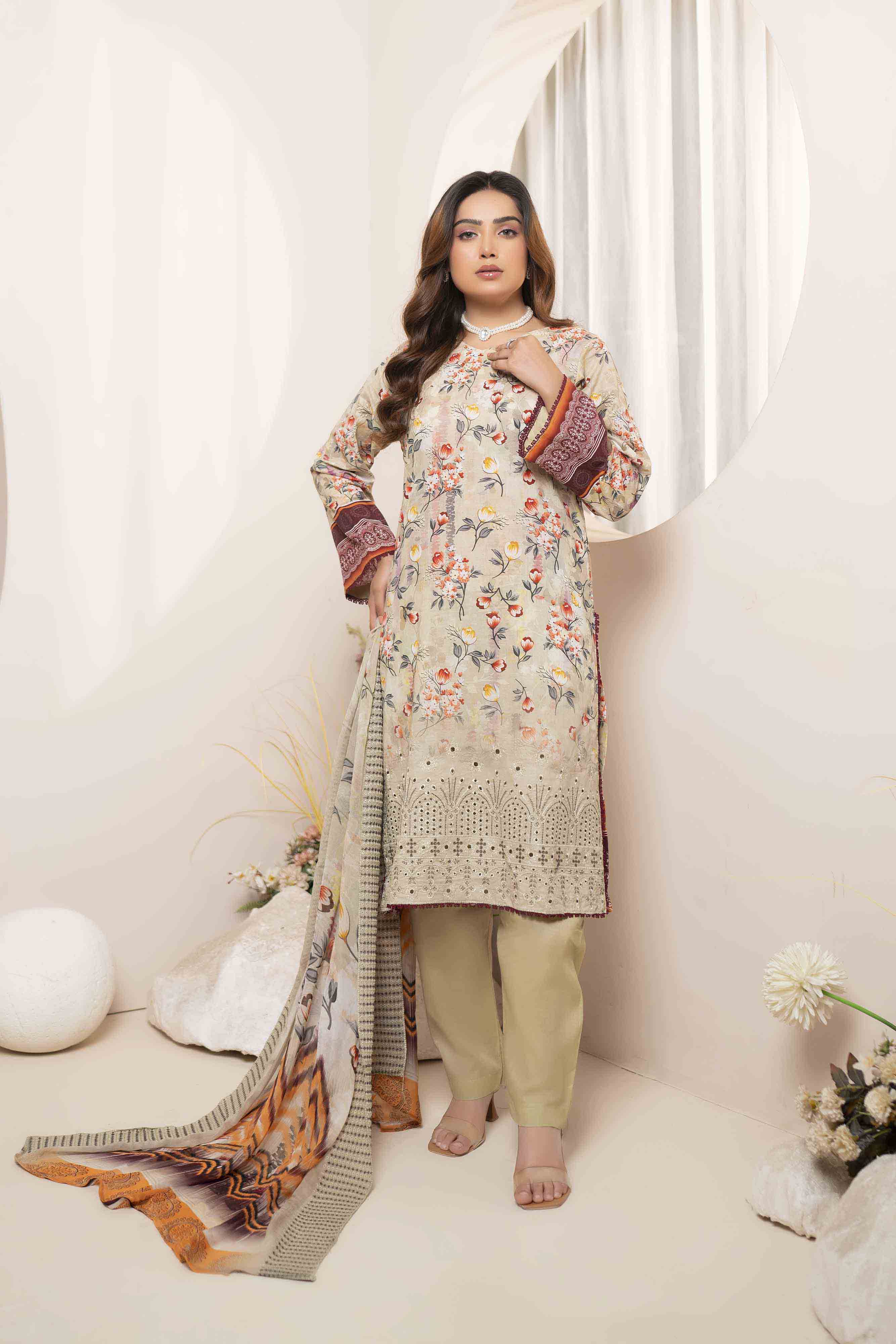 Luxury Beige Embroidered Lawn Set