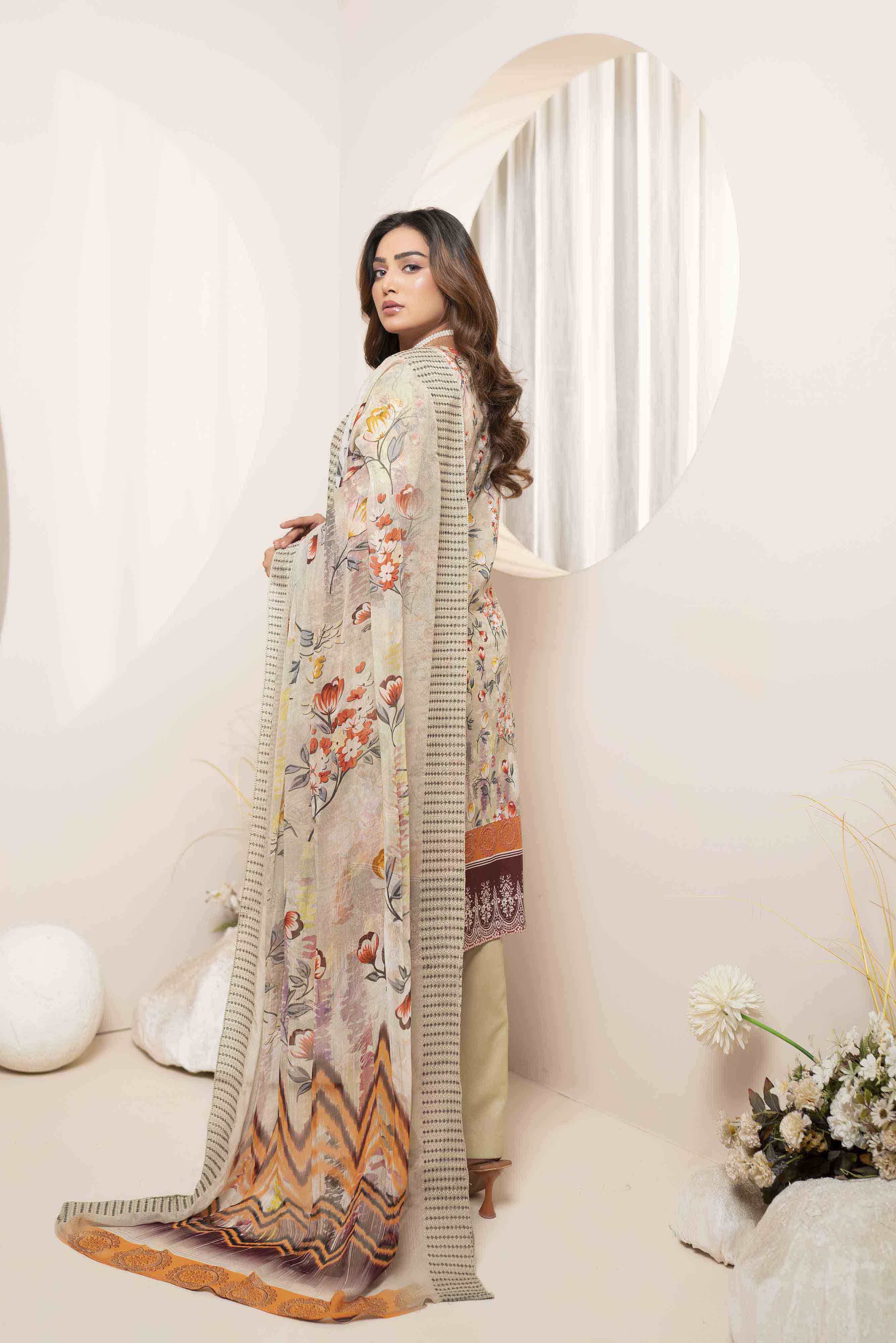Luxury Beige Embroidered Lawn Set