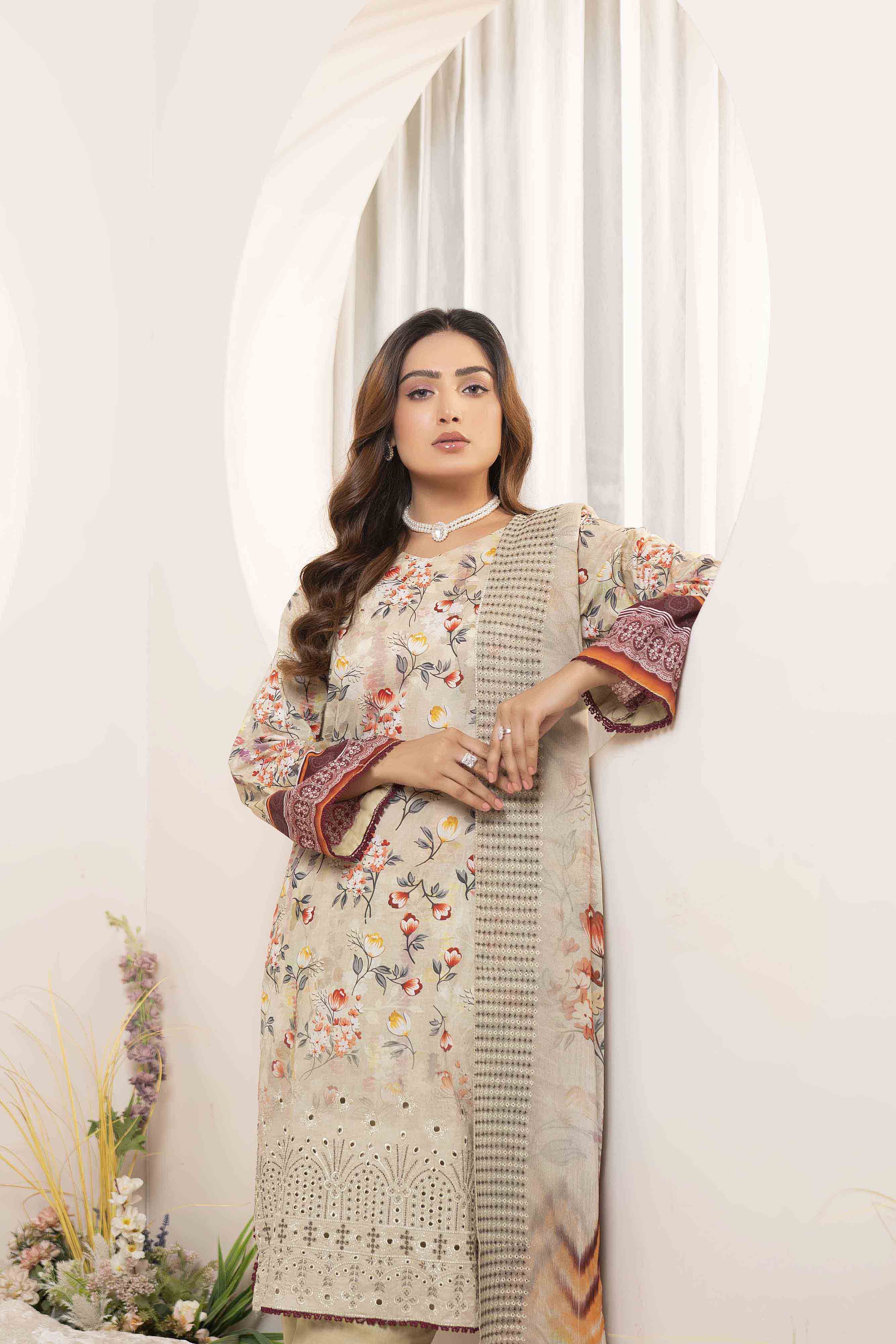 Luxury Beige Embroidered Lawn Set