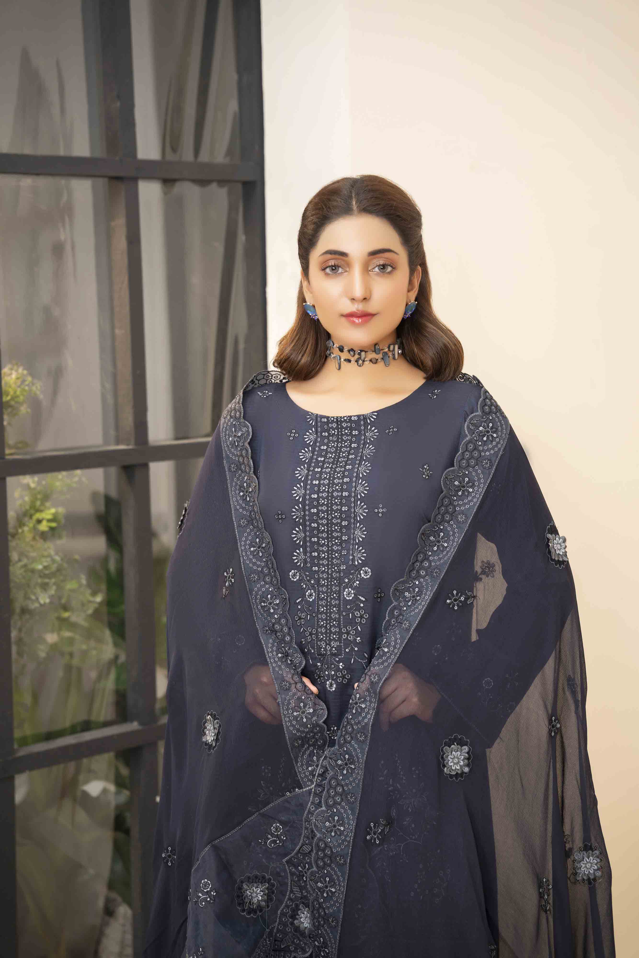 Luxury Blue 3 Pcs Embroidered Viscose Doria Suit