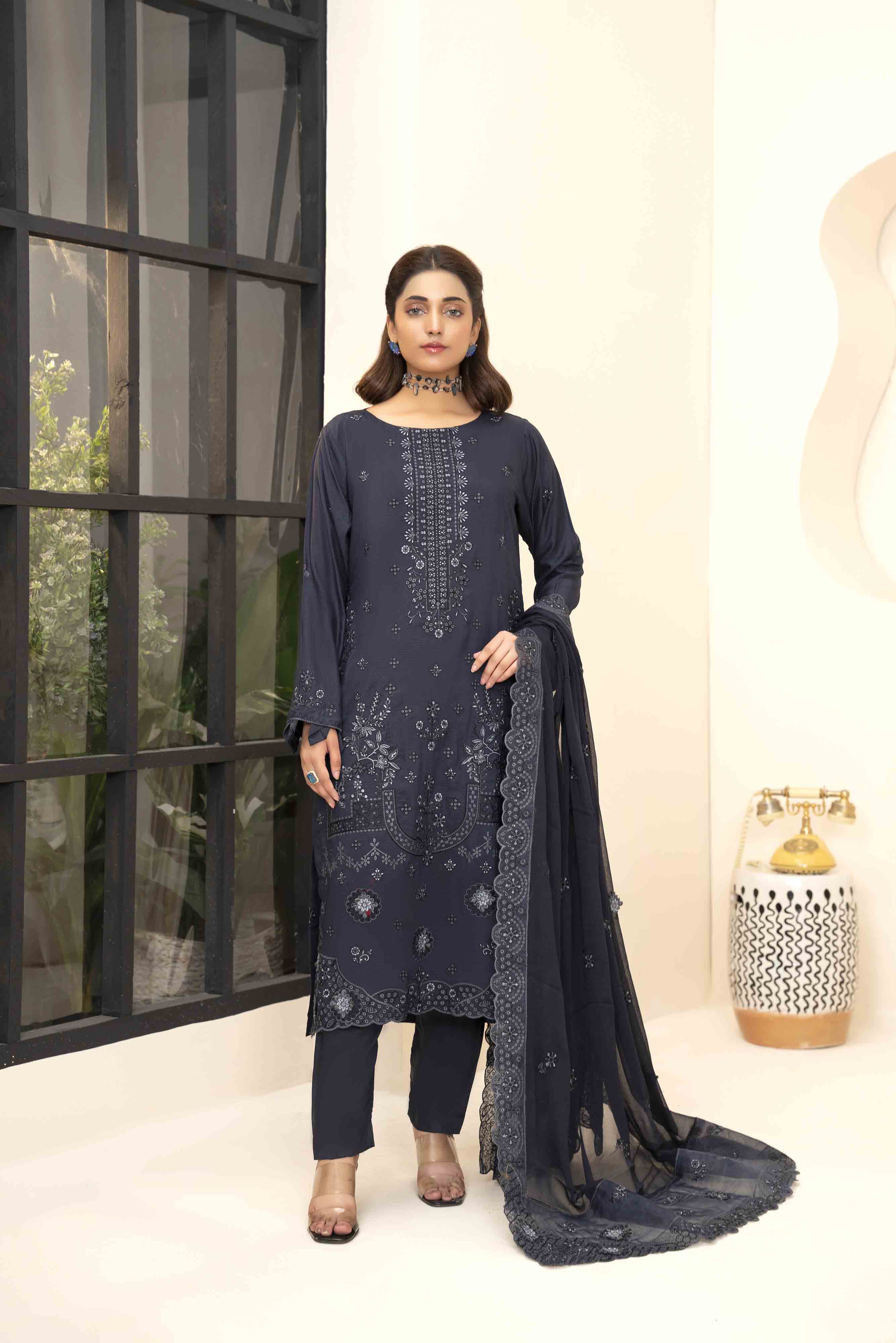 Luxury Blue 3 Pcs Embroidered Viscose Doria Suit