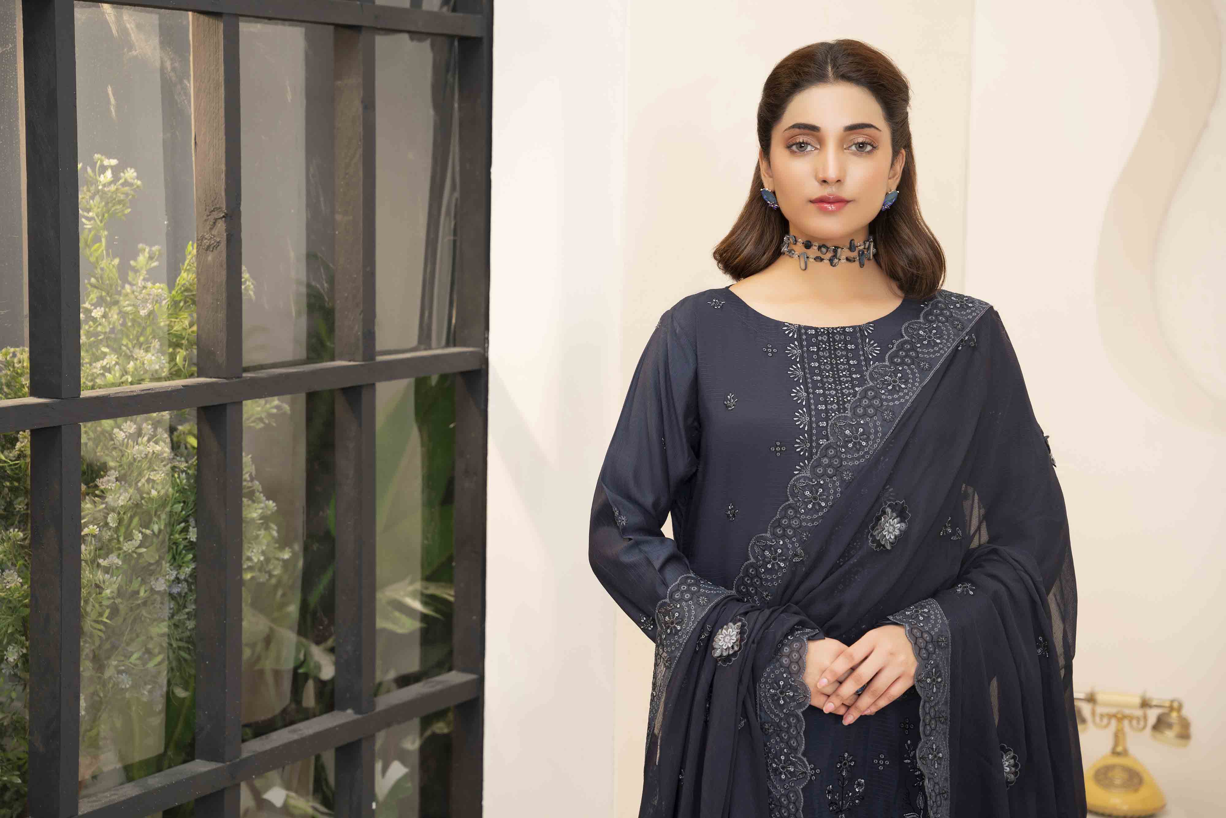 Luxury Blue 3 Pcs Embroidered Viscose Doria Suit