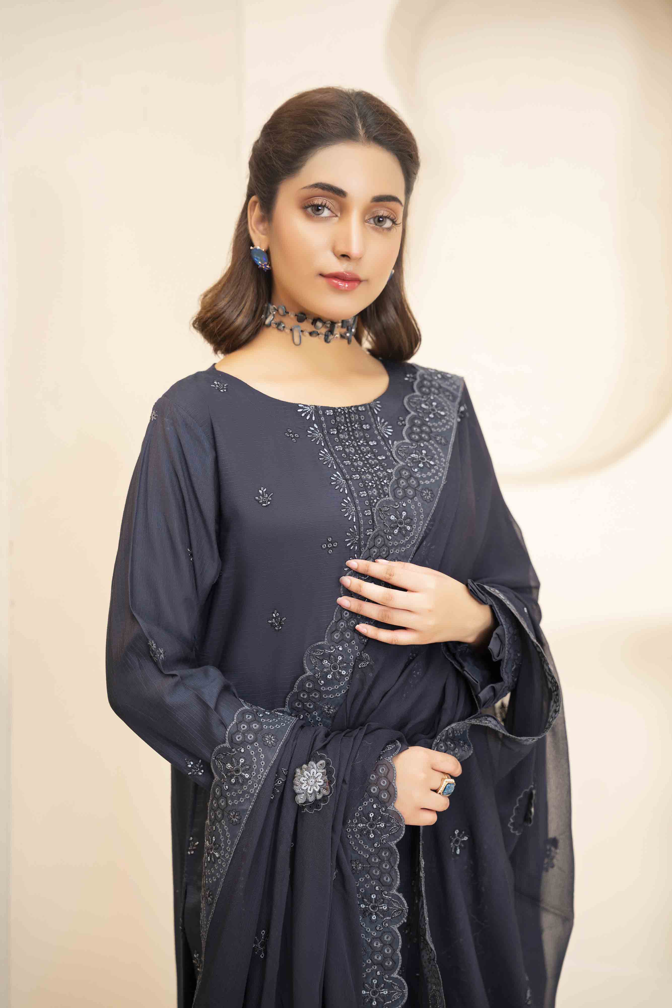 Luxury Blue 3 Pcs Embroidered Viscose Doria Suit