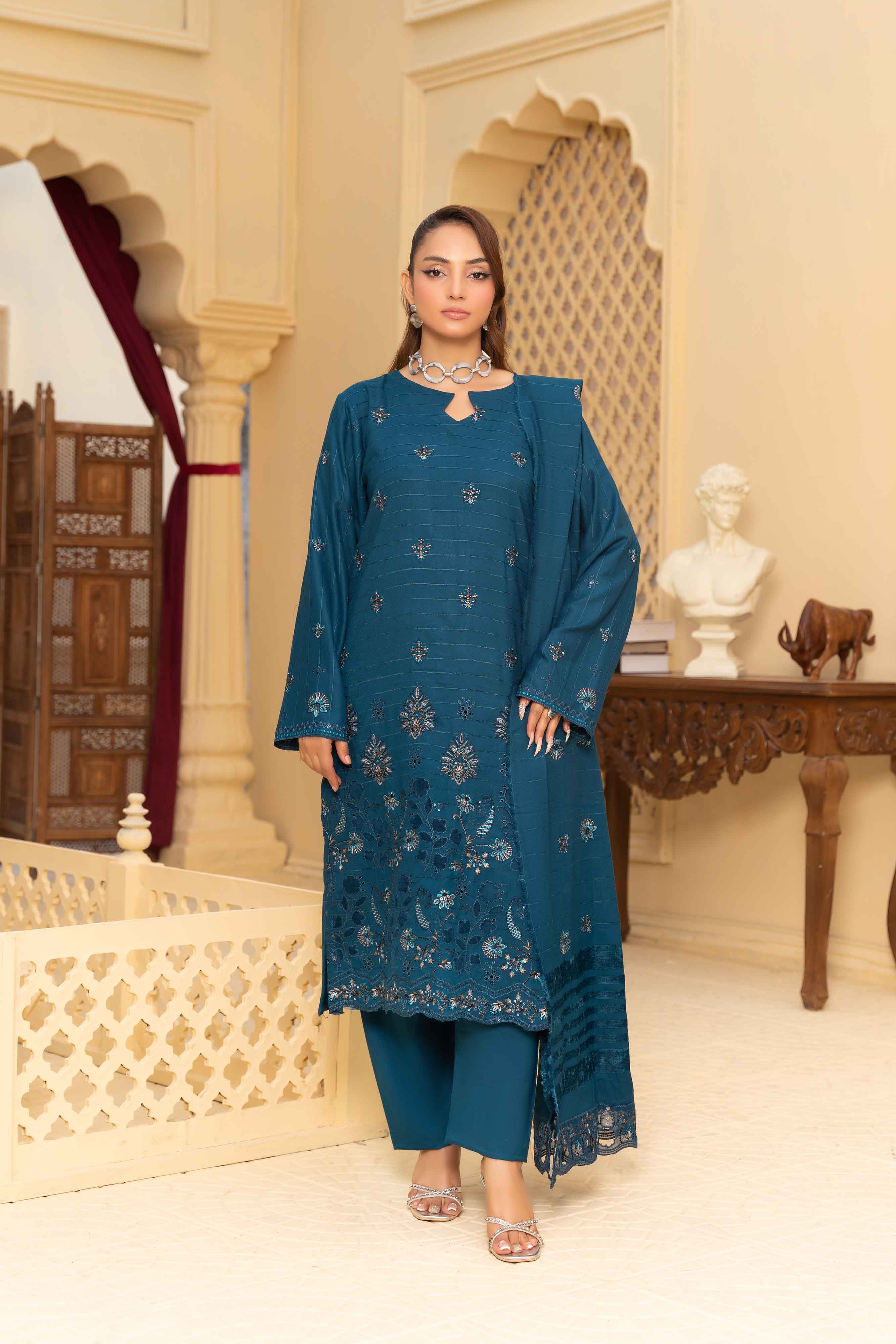 Luxury Blue 3 Pcs Dhanak Embroidered Applique suit