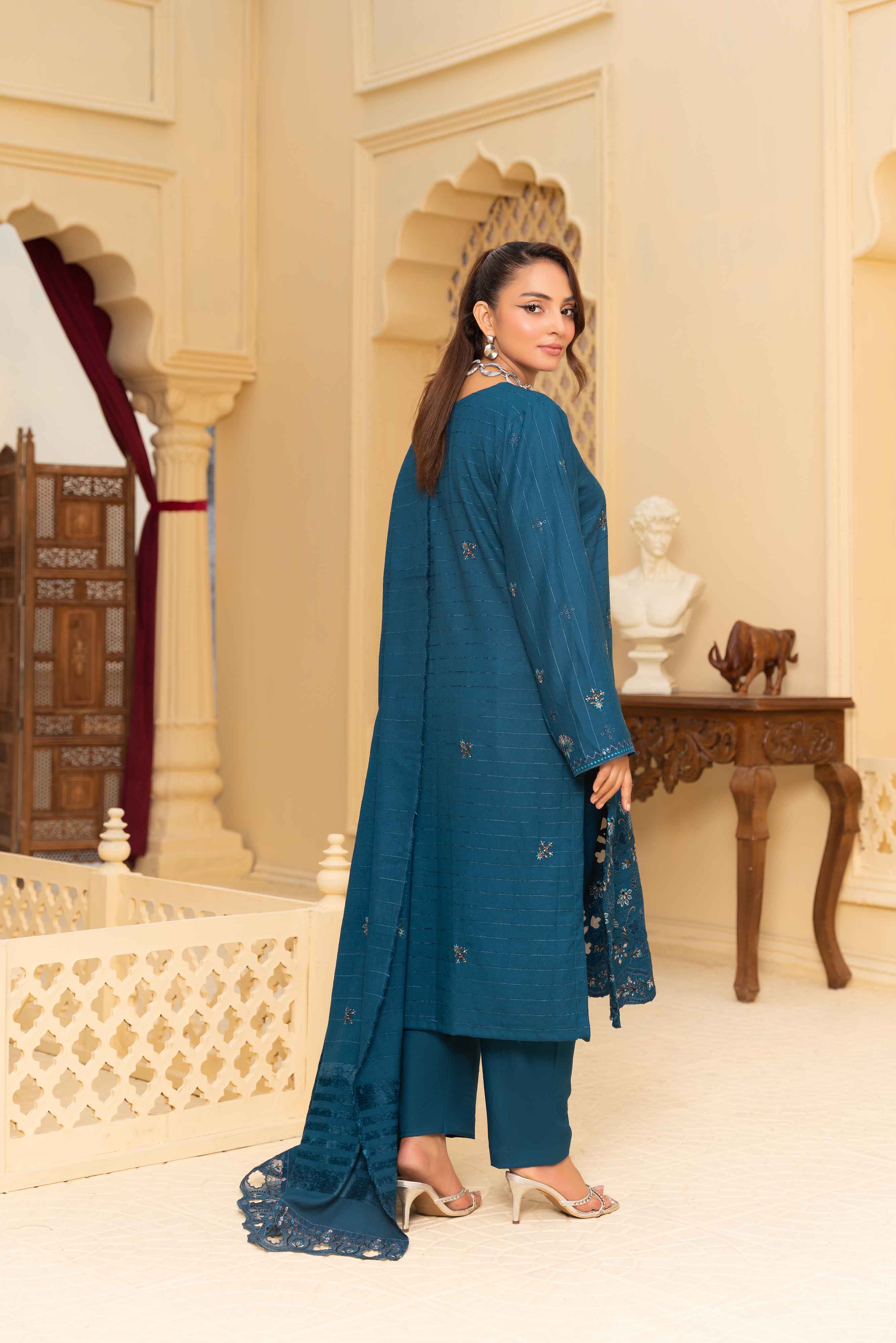 Luxury Blue 3 Pcs Dhanak Embroidered Applique suit