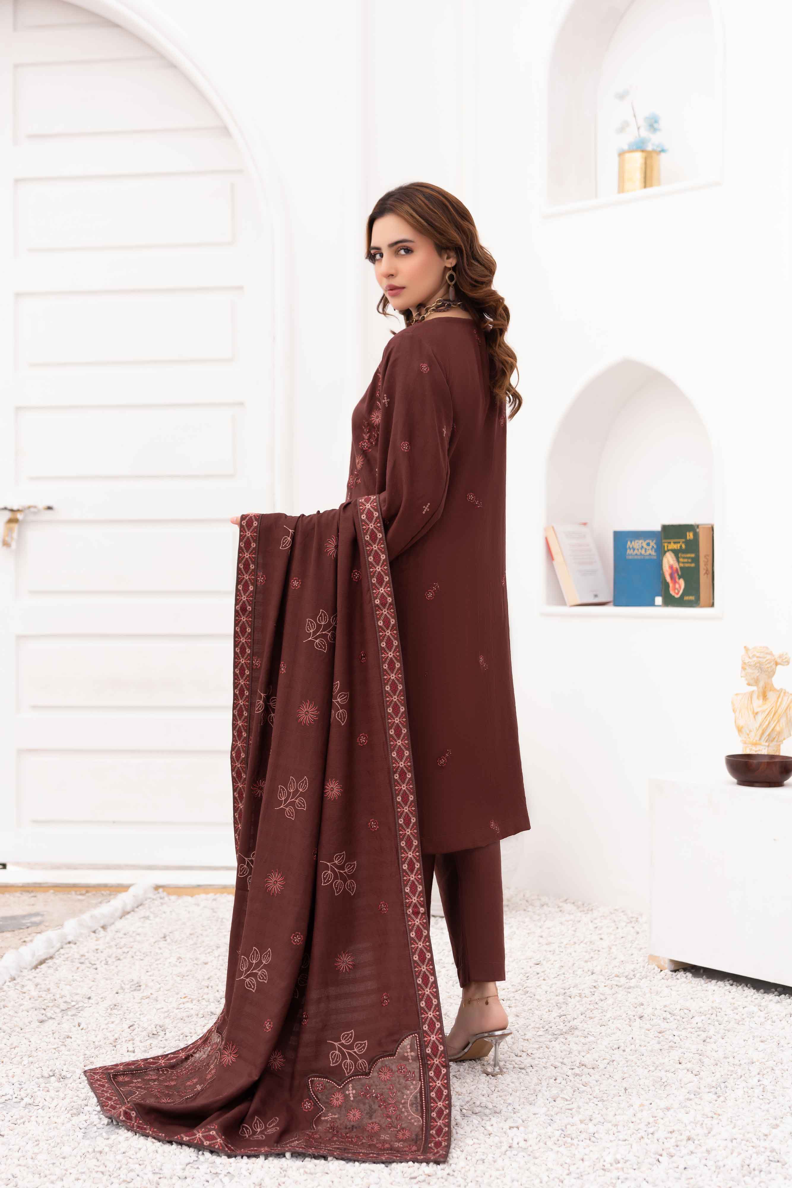 Luxury Brown 3 pcs Embroidered Dhanak Dora Set
