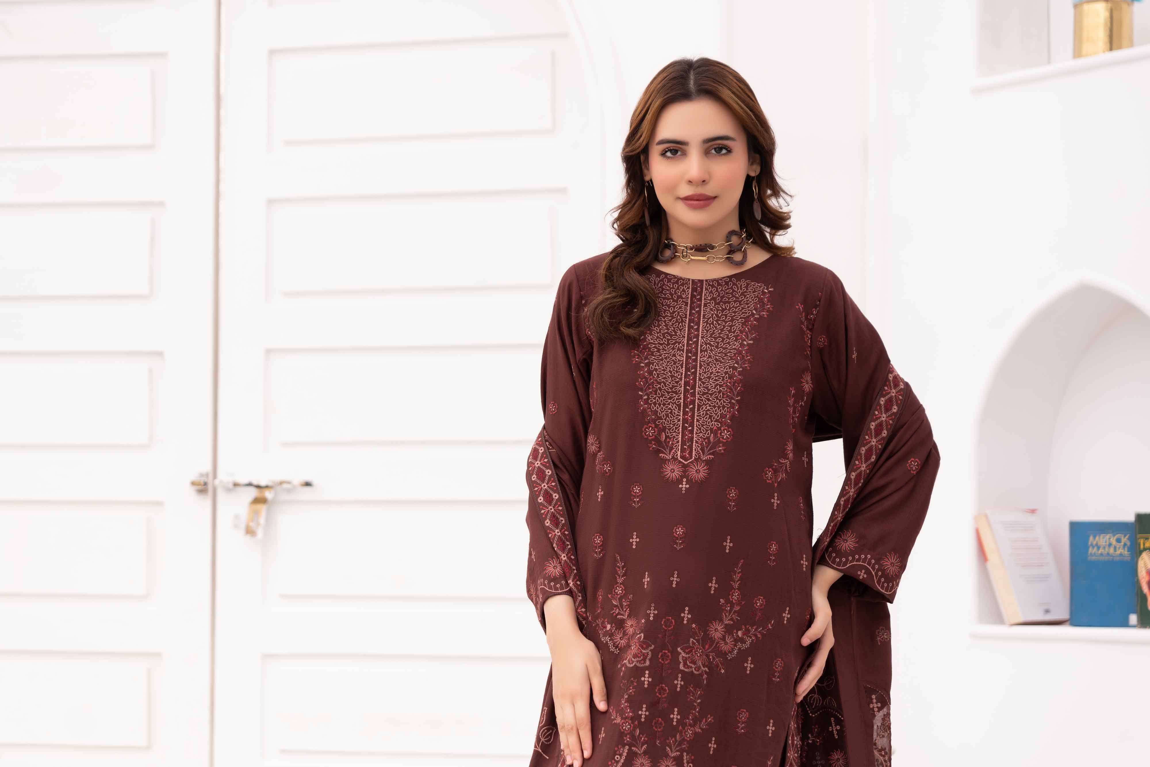 Luxury Brown 3 pcs Embroidered Dhanak Dora Set