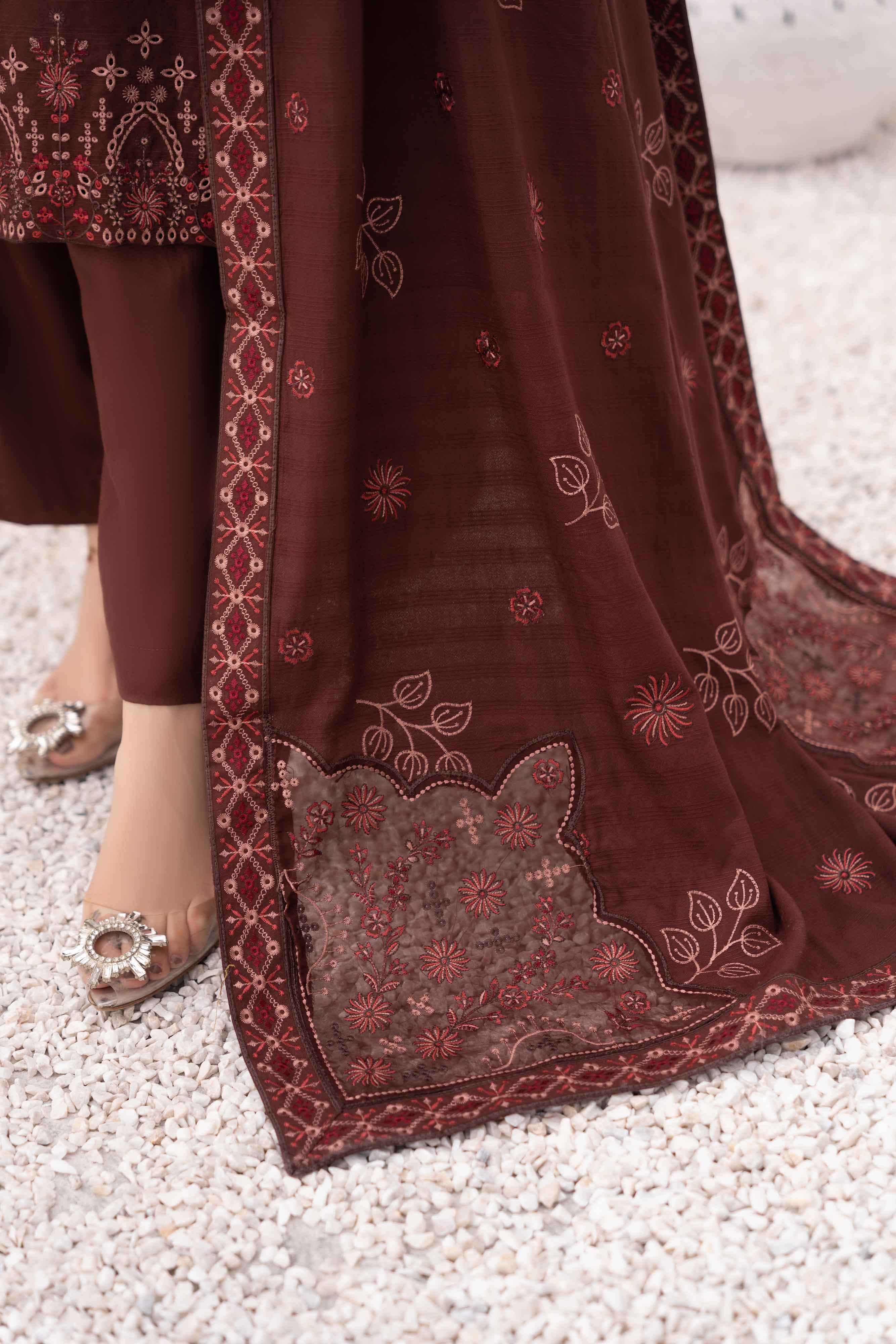 Luxury Brown 3 pcs Embroidered Dhanak Dora Set