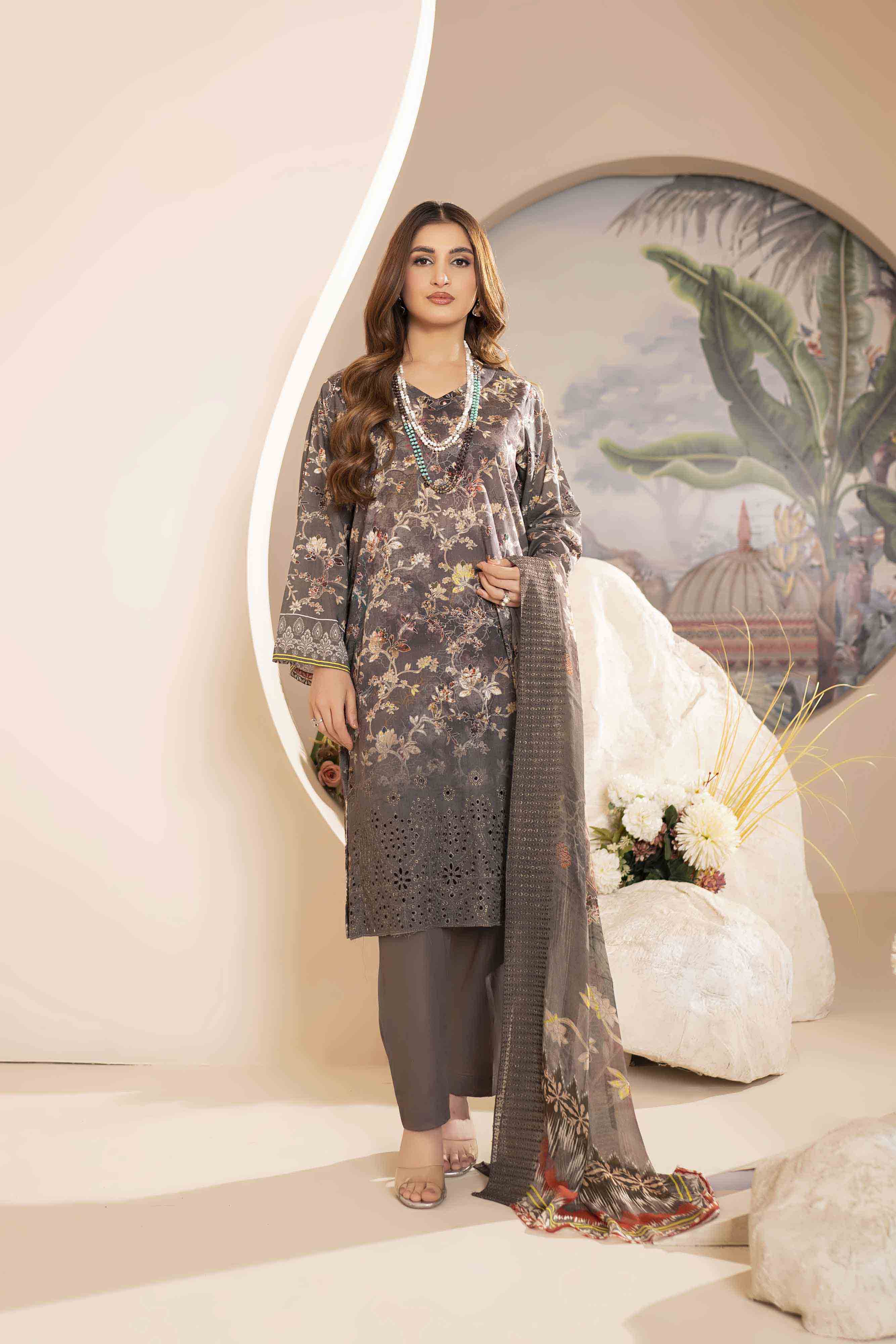Luxury Brown Embroidered Lawn Set