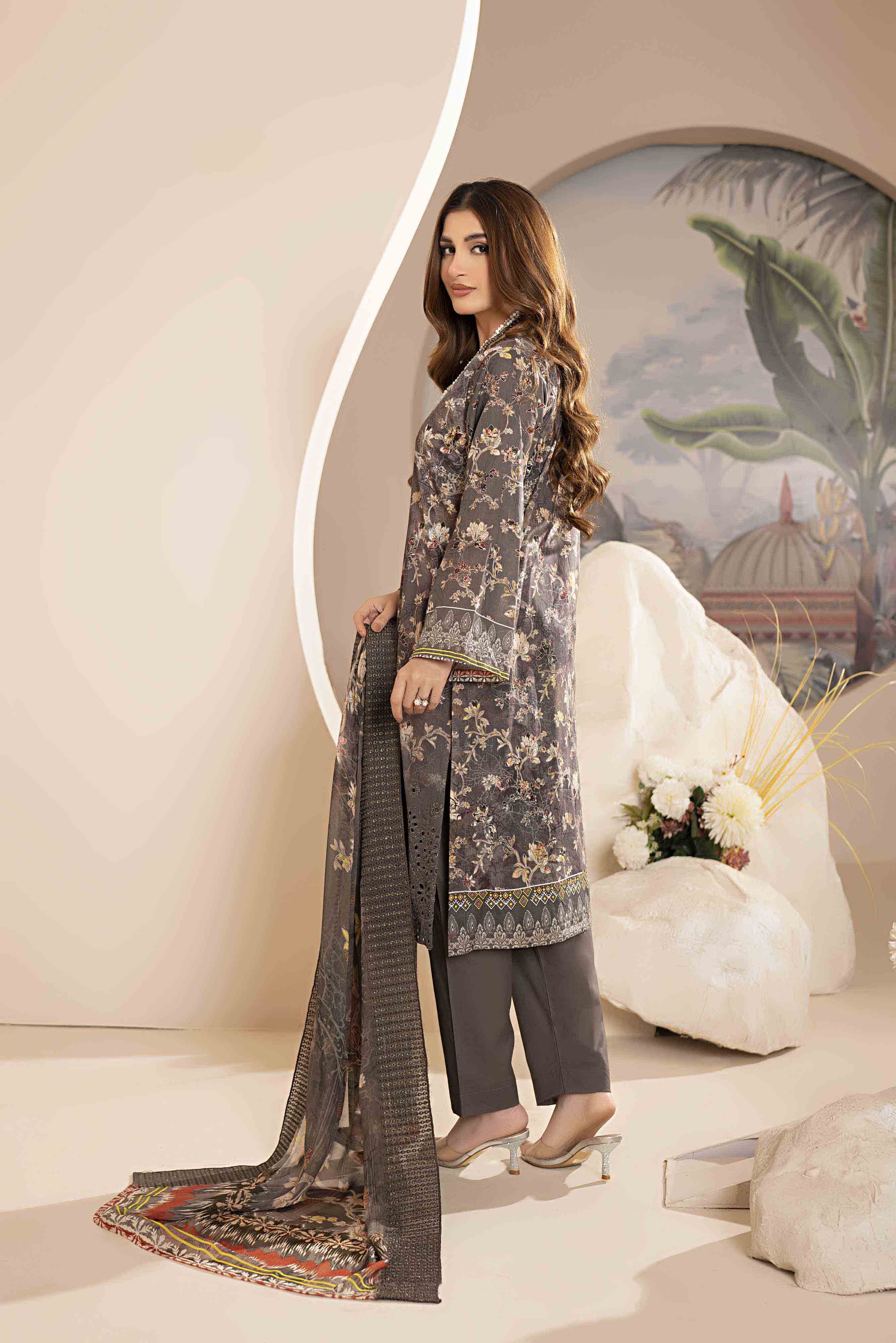Luxury Brown Embroidered Lawn Set