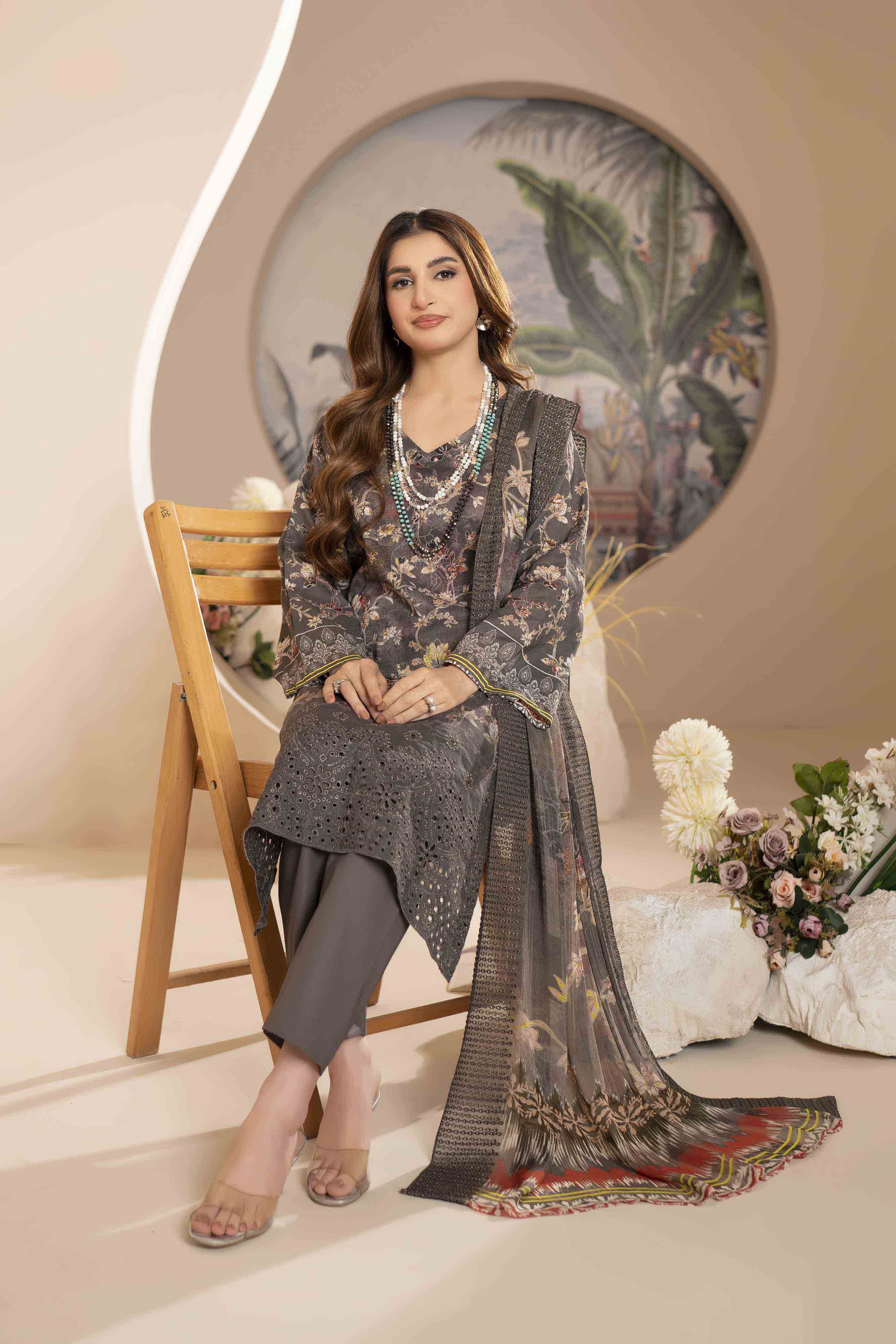 Luxury Brown Embroidered Lawn Set
