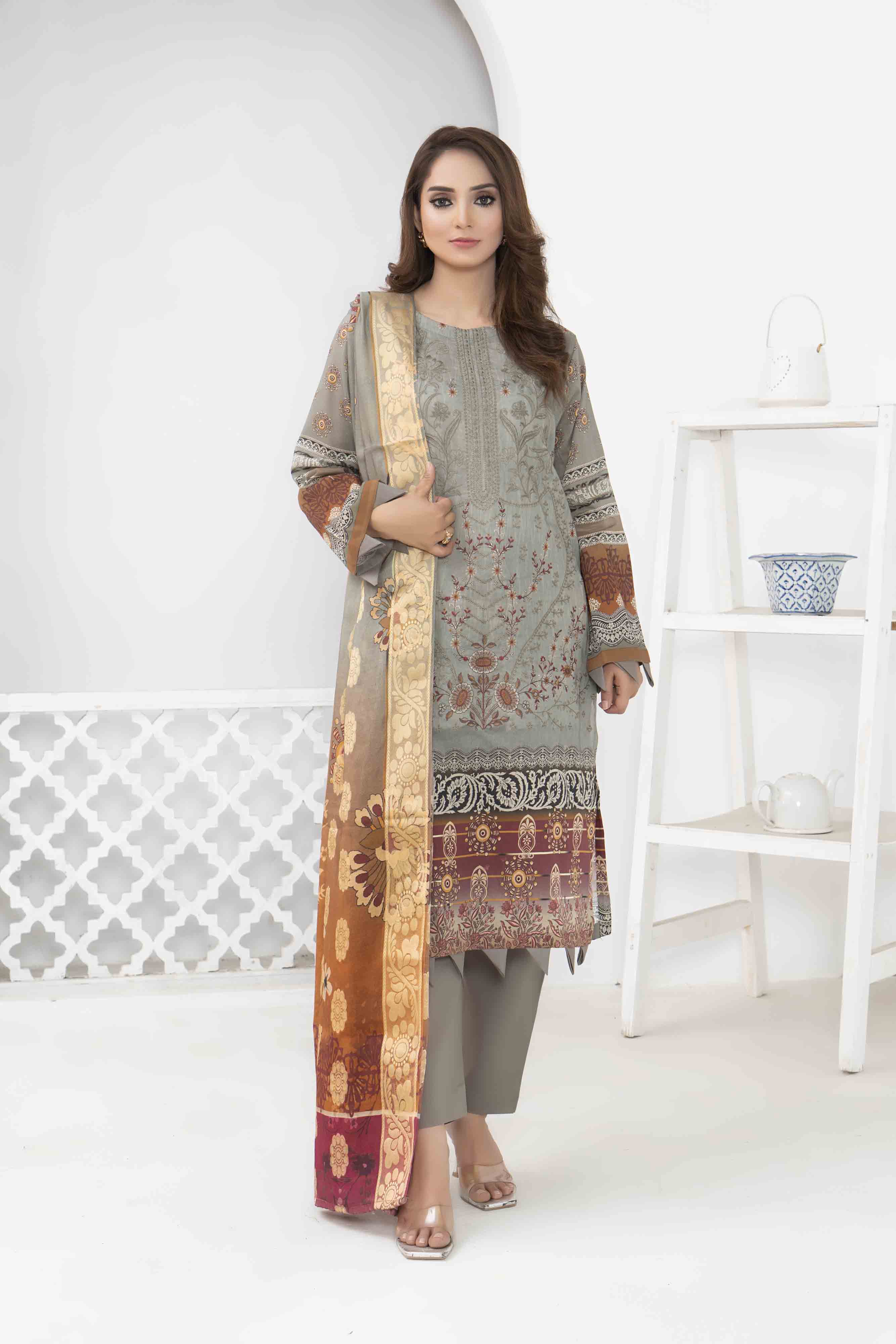 Luxury Grey Printed Embroidered 3 Pcs Lawn Set