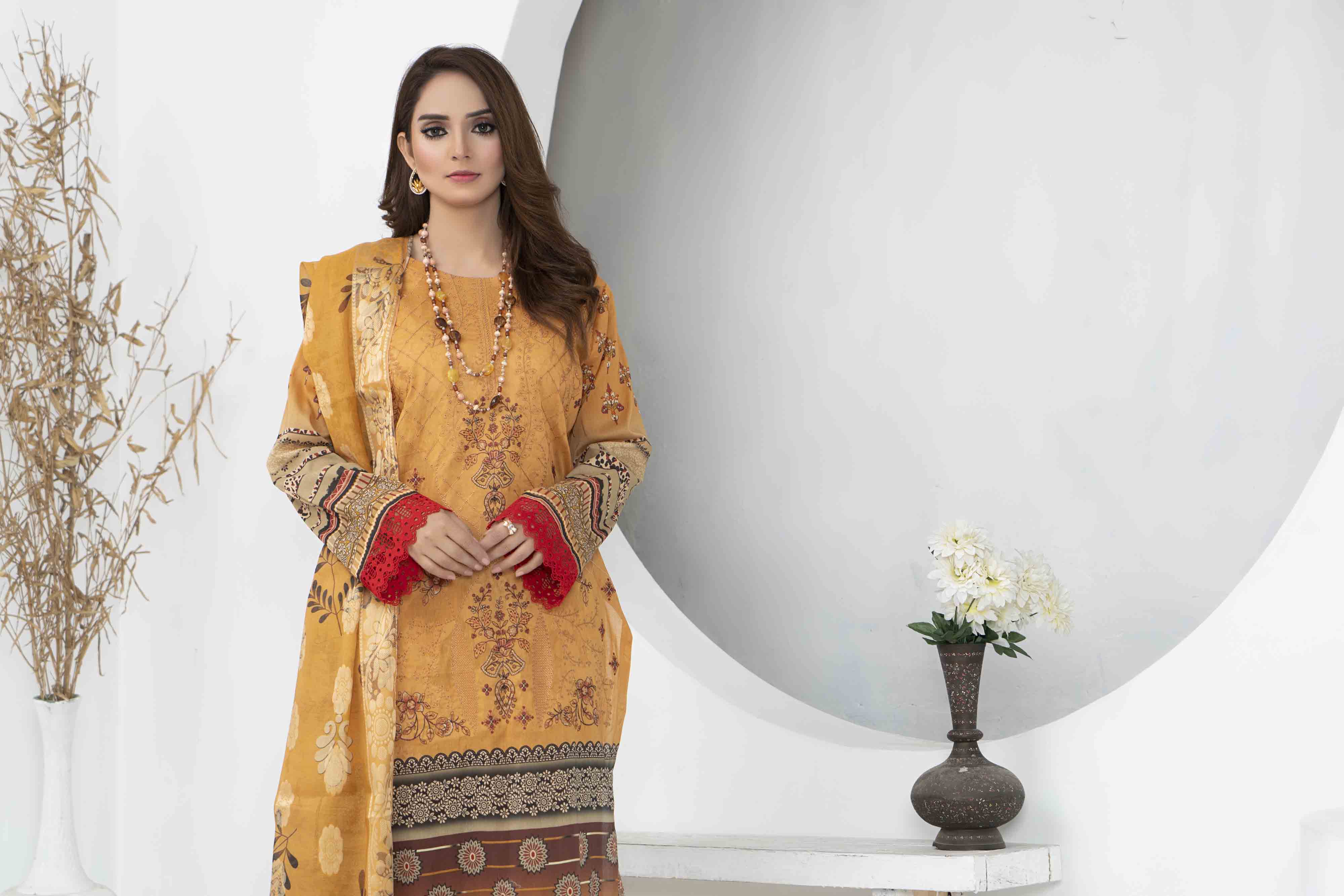 Luxury Mustard Printed Embroidered 3 Pcs Lawn Set