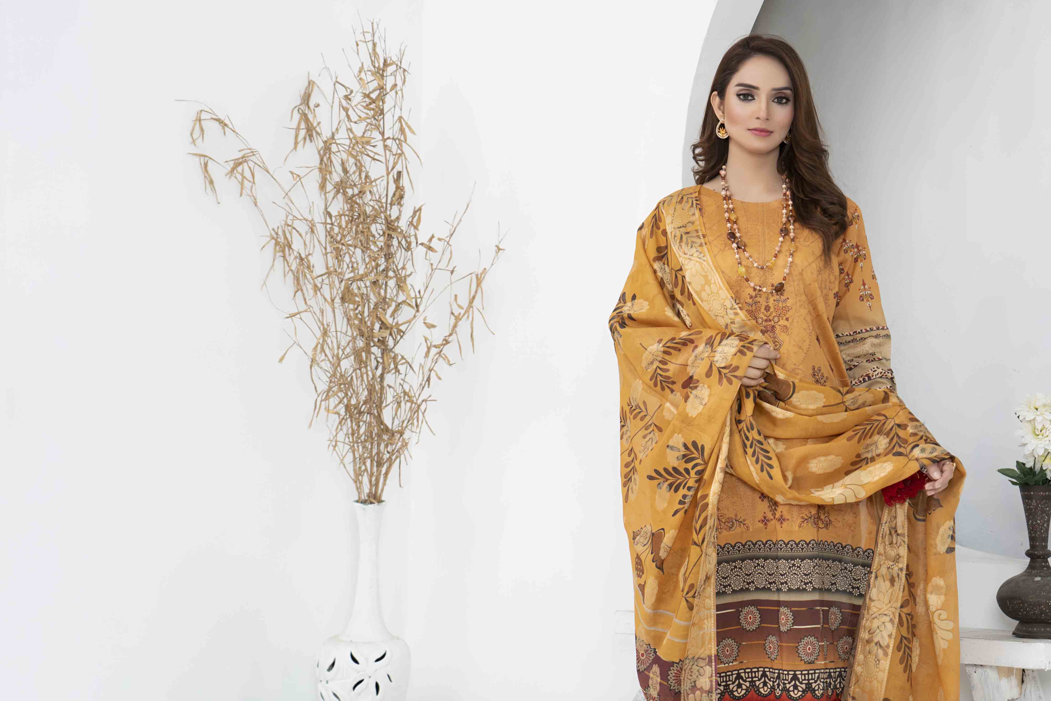 Luxury Mustard Printed Embroidered 3 Pcs Lawn Set