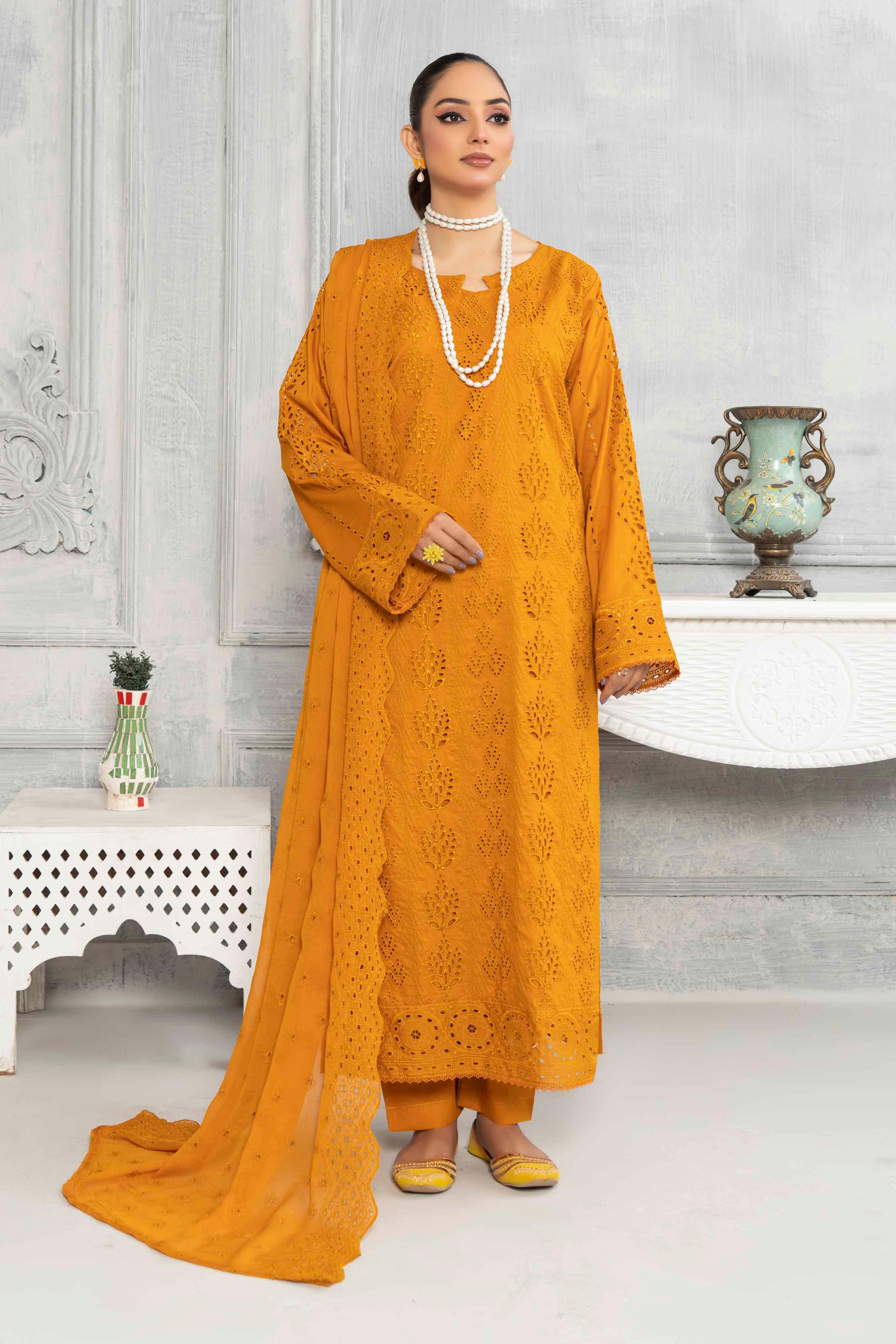 Luxury Mustard Schiffli Embroided Lawn Set