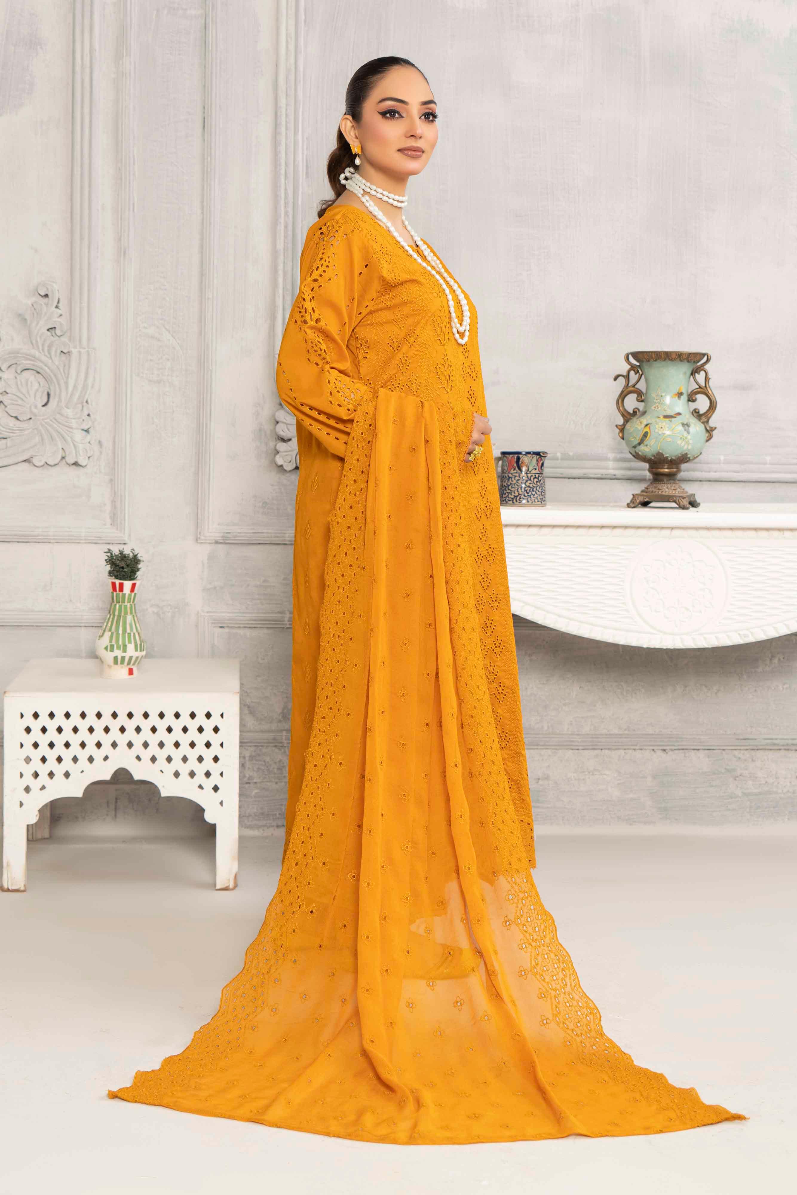Luxury Mustard Schiffli Embroided Lawn Set