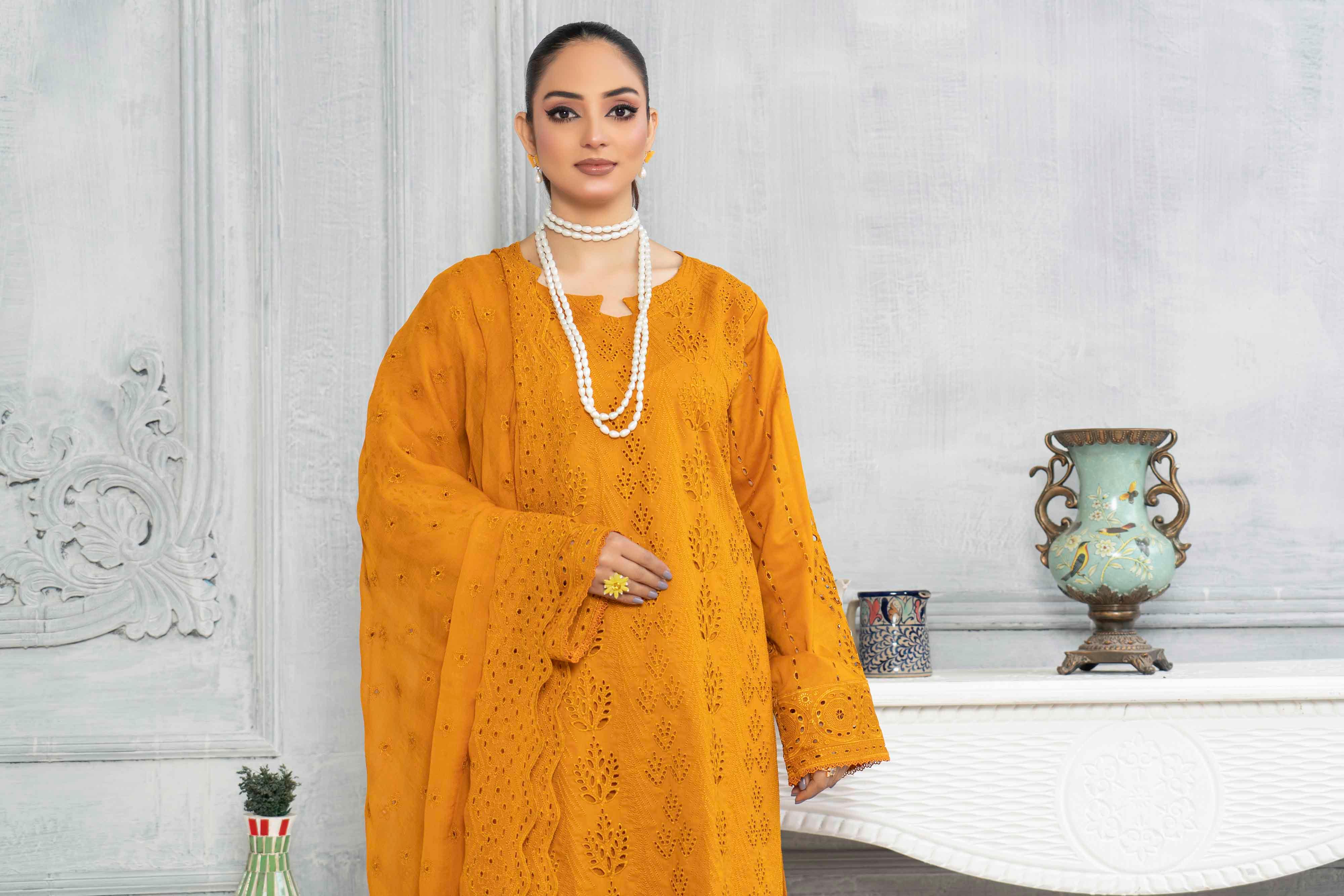 Luxury Mustard Schiffli Embroided Lawn Set