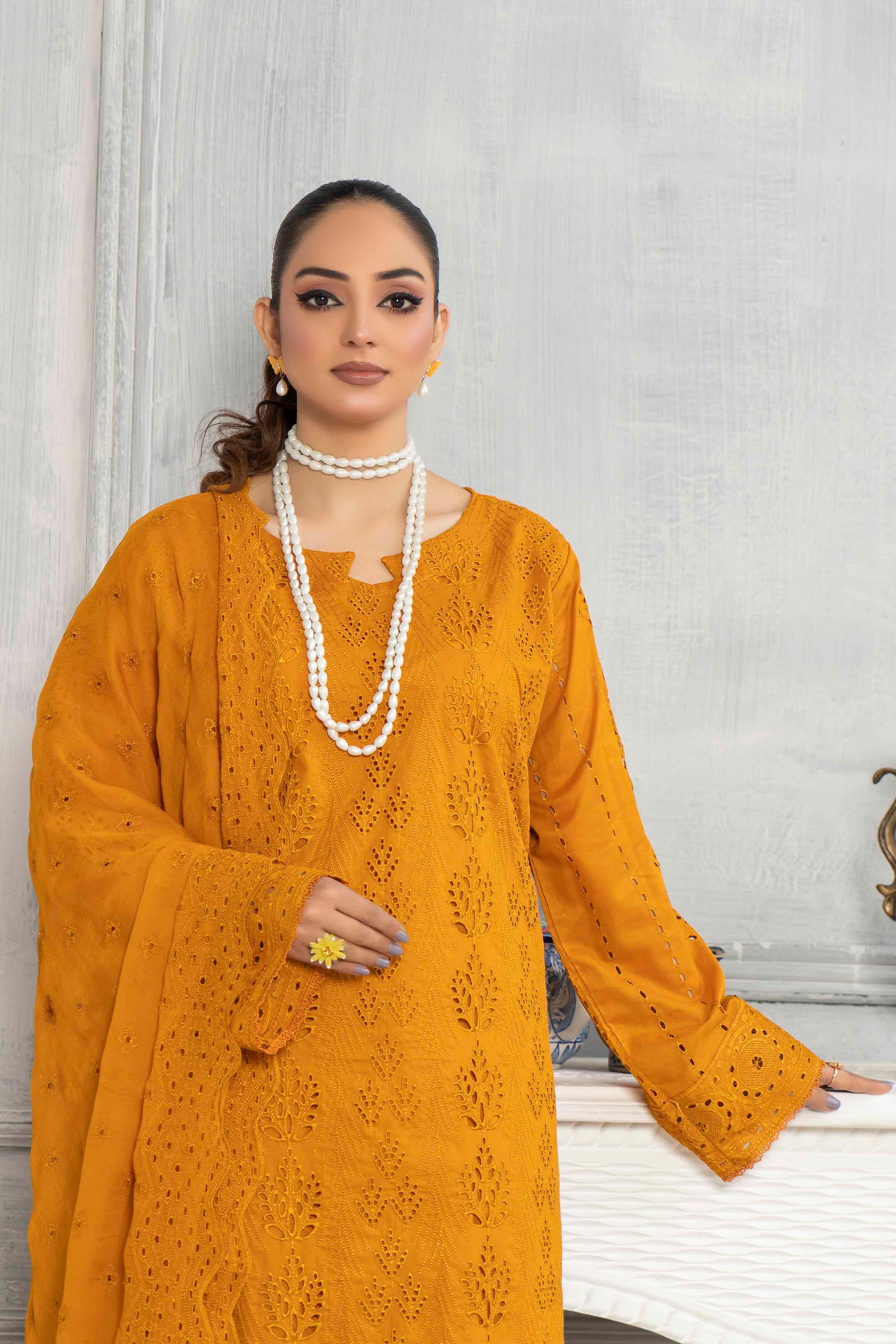 Luxury Mustard Schiffli Embroided Lawn Set