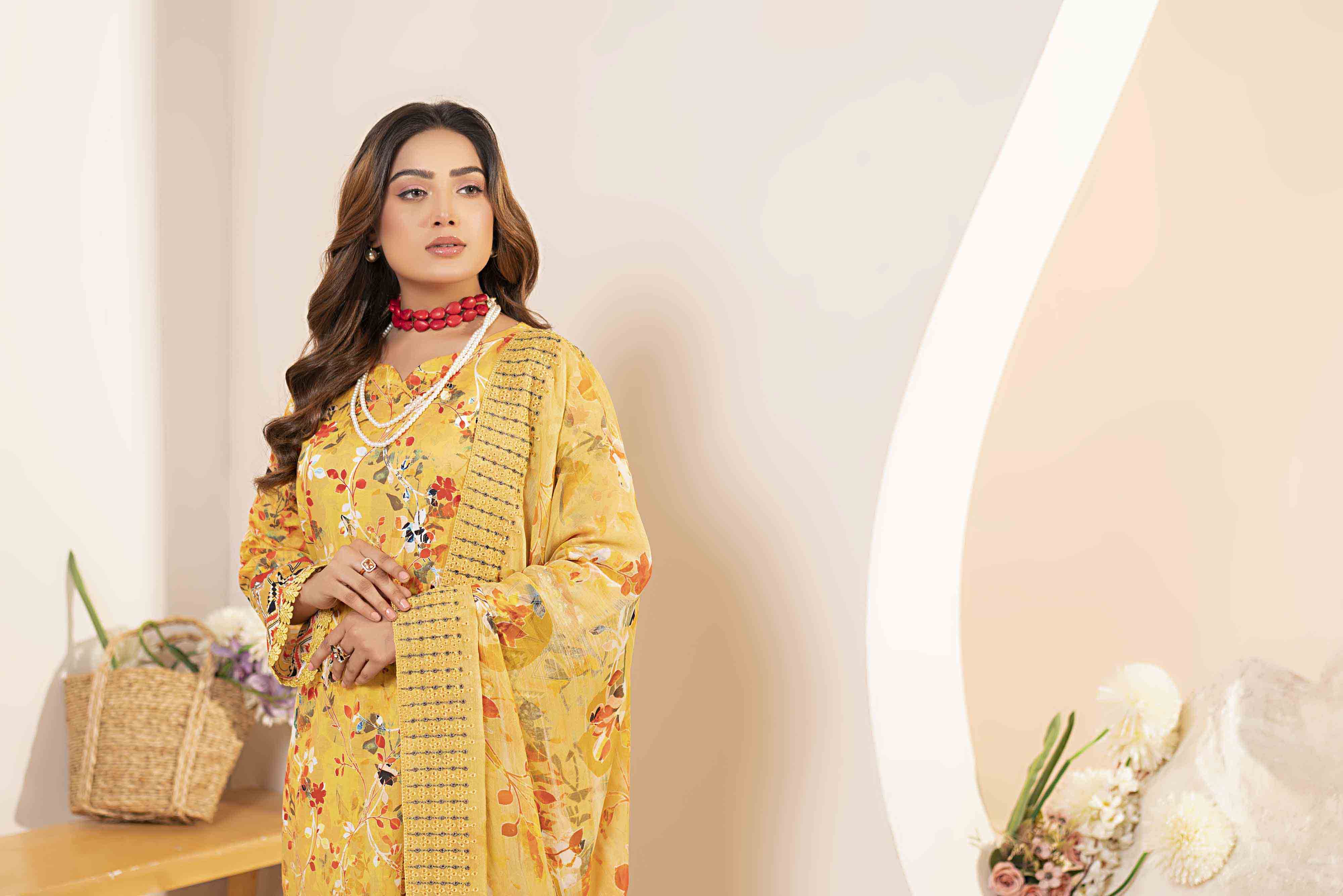 Luxury Mustard Embroidered Lawn Set
