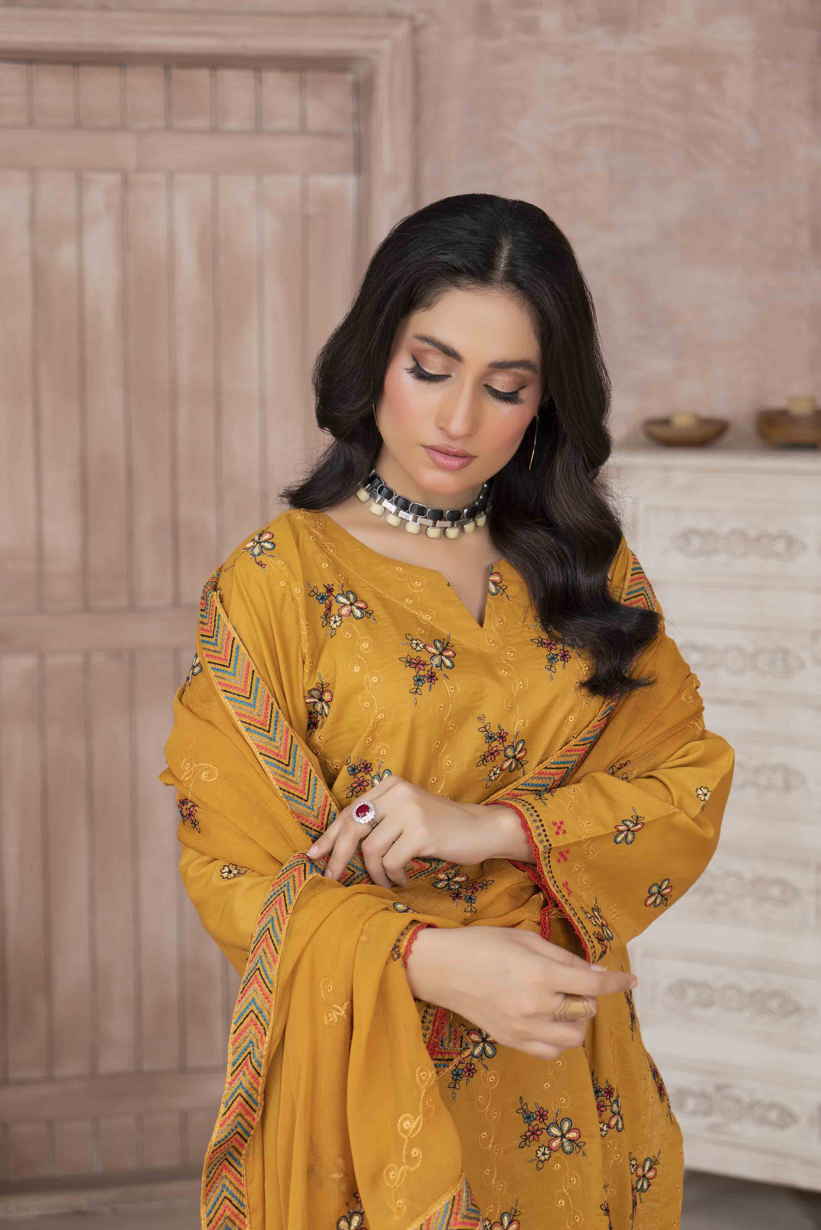 Luxury Mustard Embroidered Lawn Set