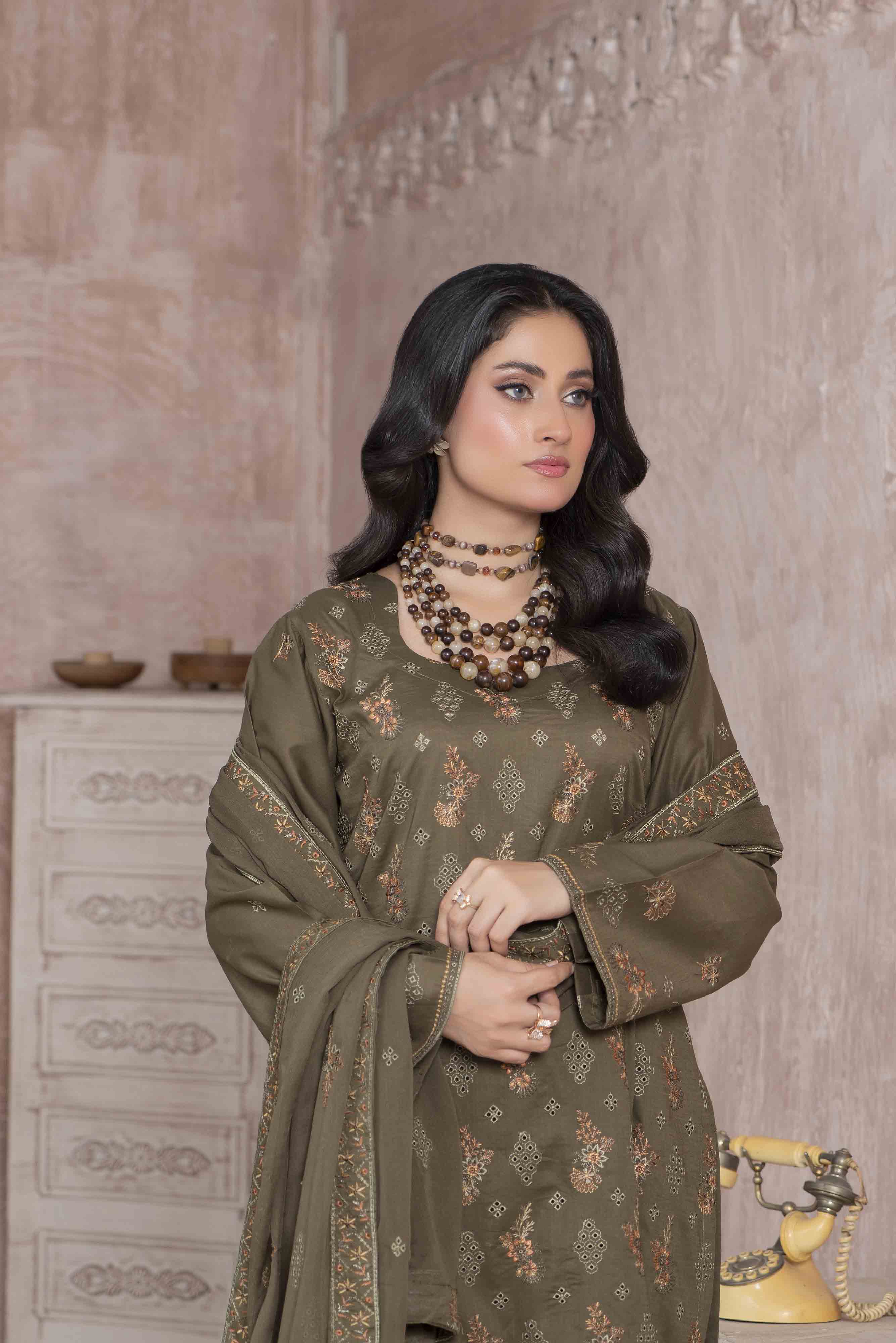 Luxury Olive Embroidered Lawn Set