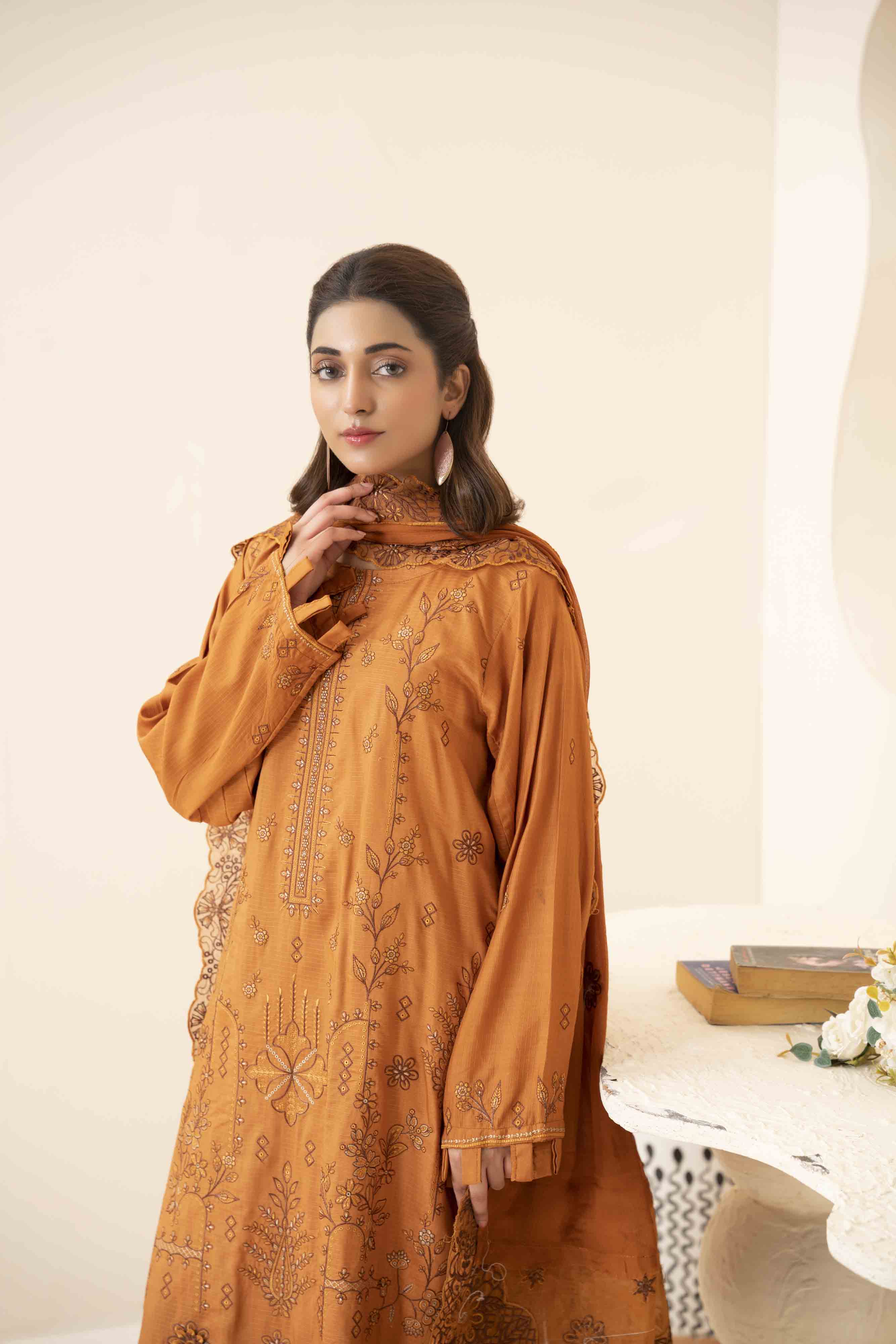 Luxury Orange 3 Pcs Embroidered Viscose Doria Suit