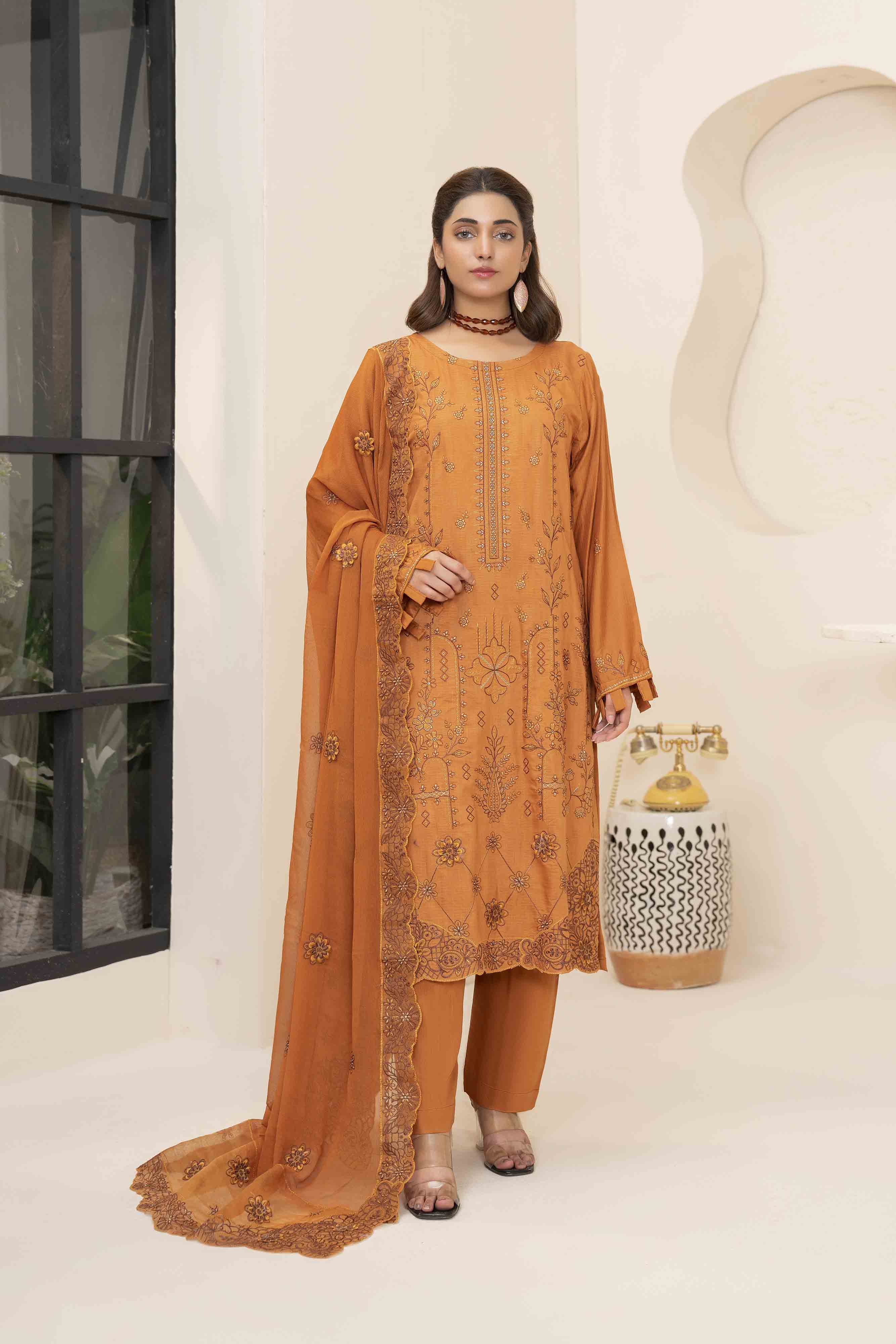 Luxury Orange 3 Pcs Embroidered Viscose Doria Suit