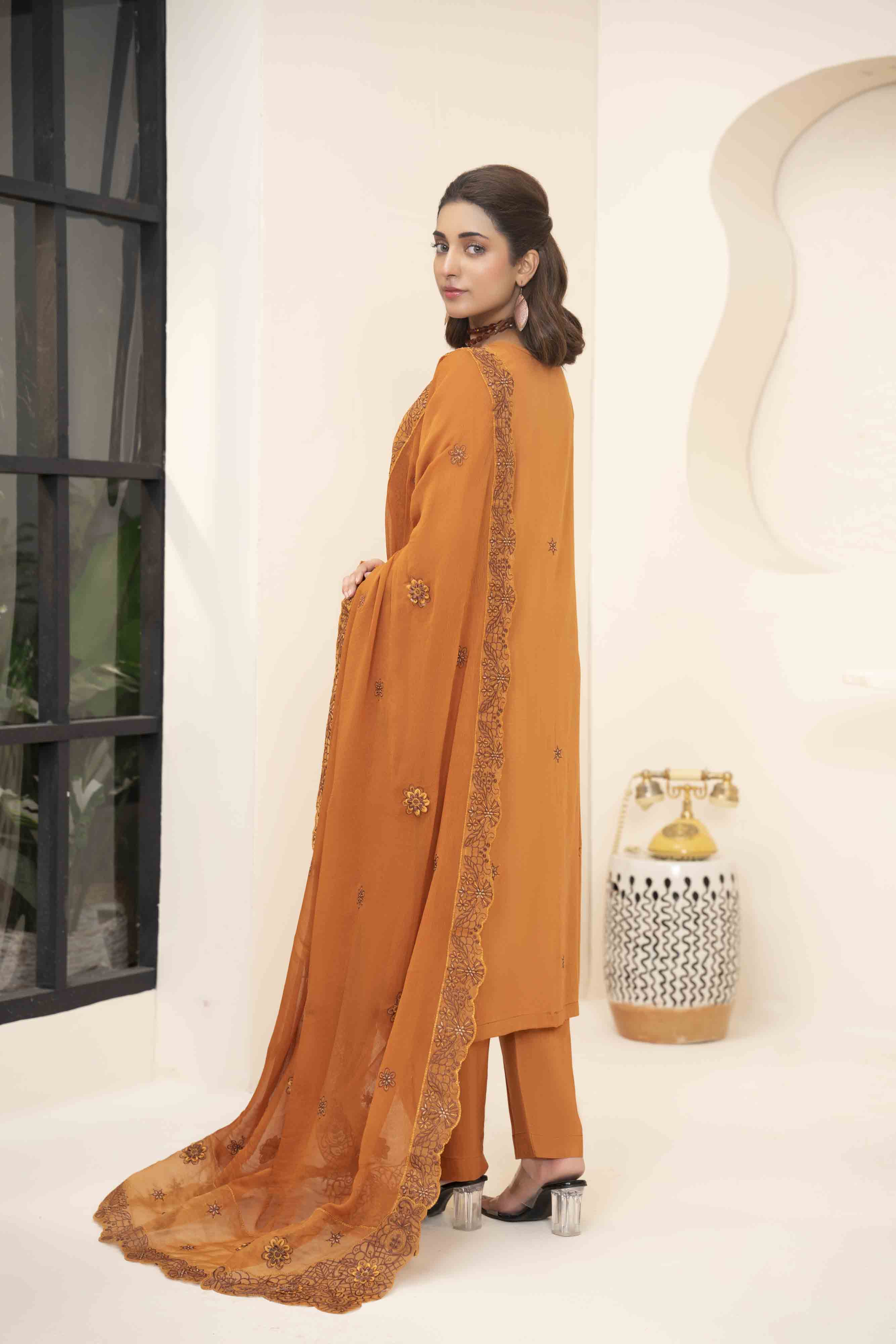 Luxury Orange 3 Pcs Embroidered Viscose Doria Suit