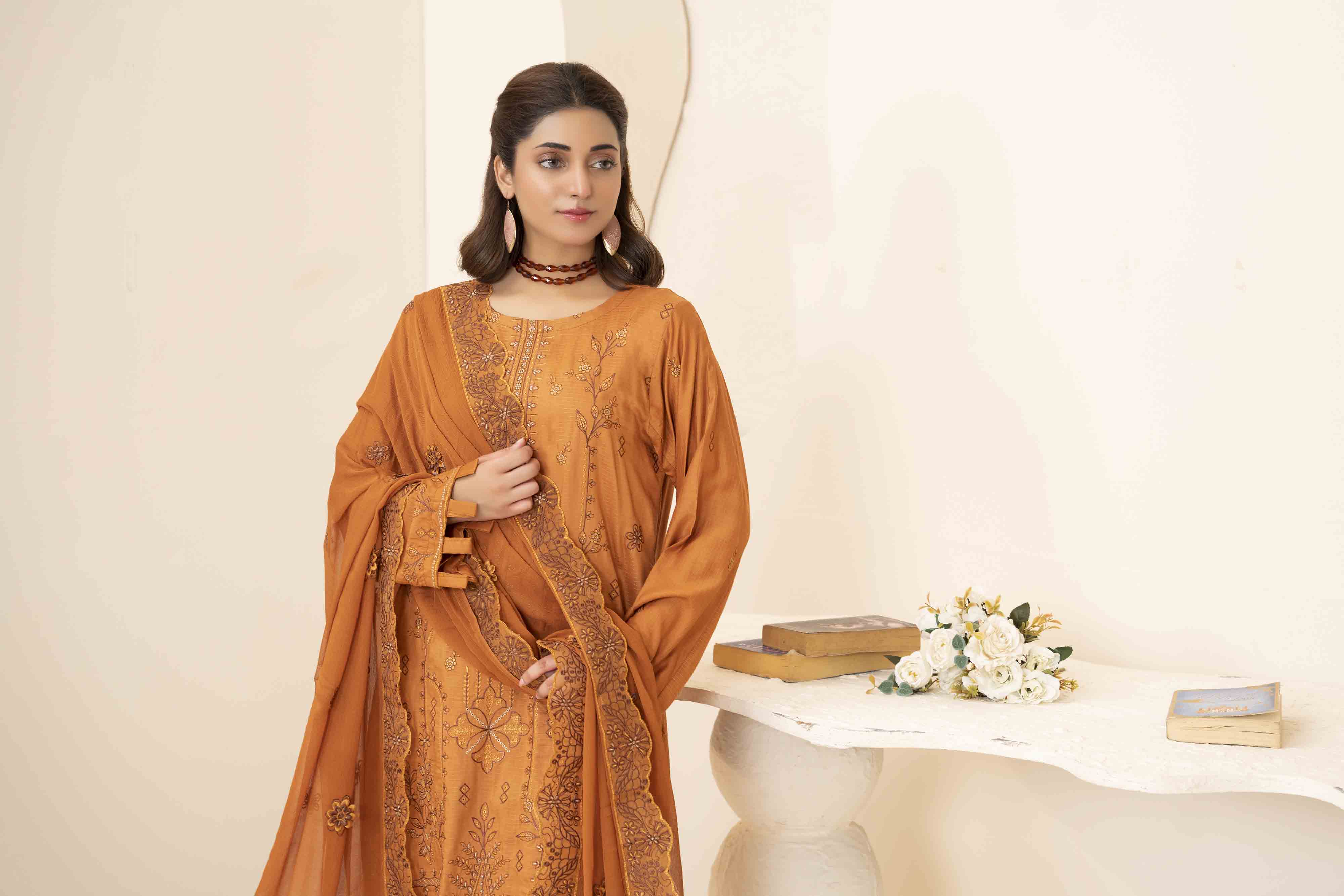 Luxury Orange 3 Pcs Embroidered Viscose Doria Suit
