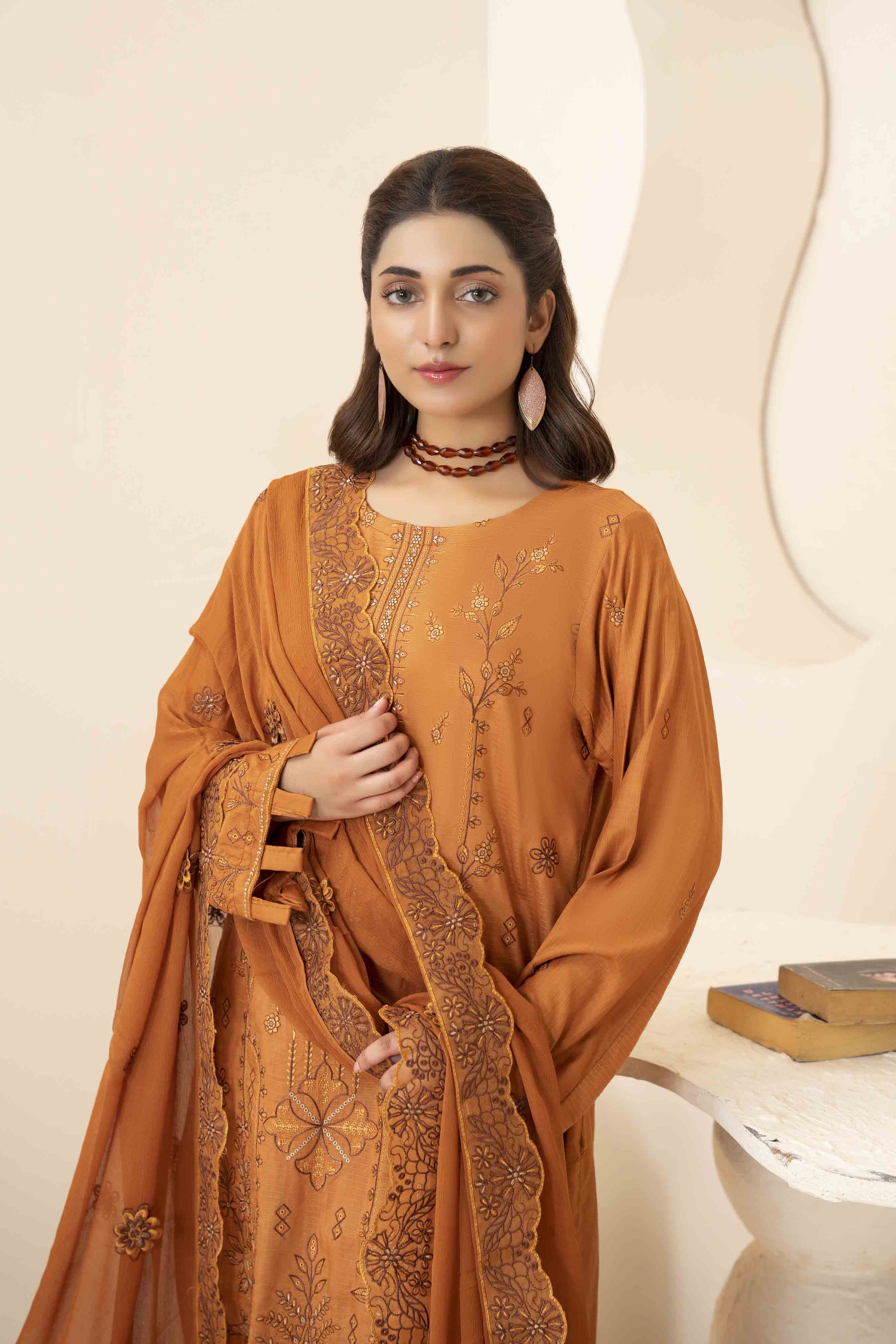 Luxury Orange 3 Pcs Embroidered Viscose Doria Suit