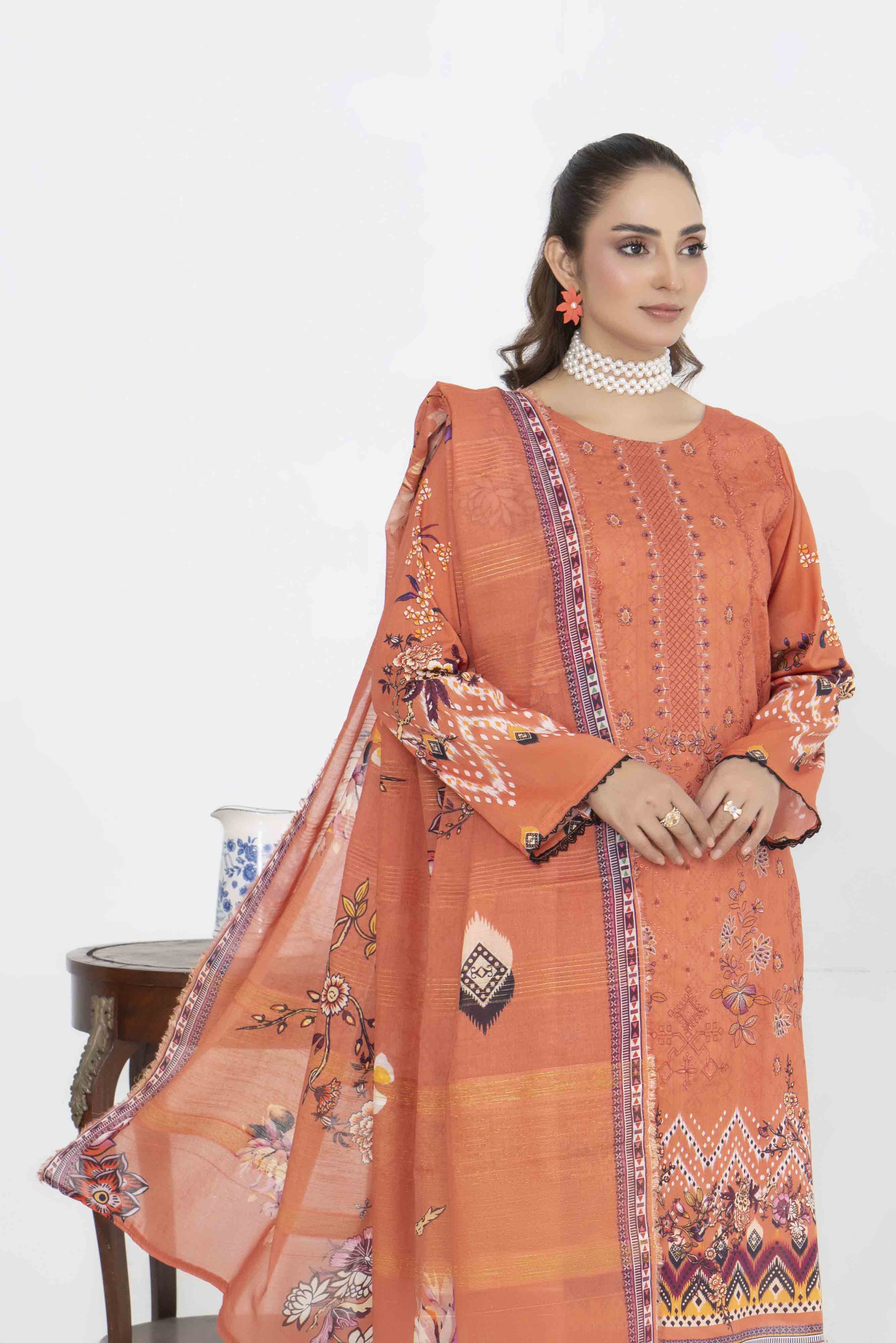 Luxury Orange Printed Embroidered 3 Pcs Lawn Set