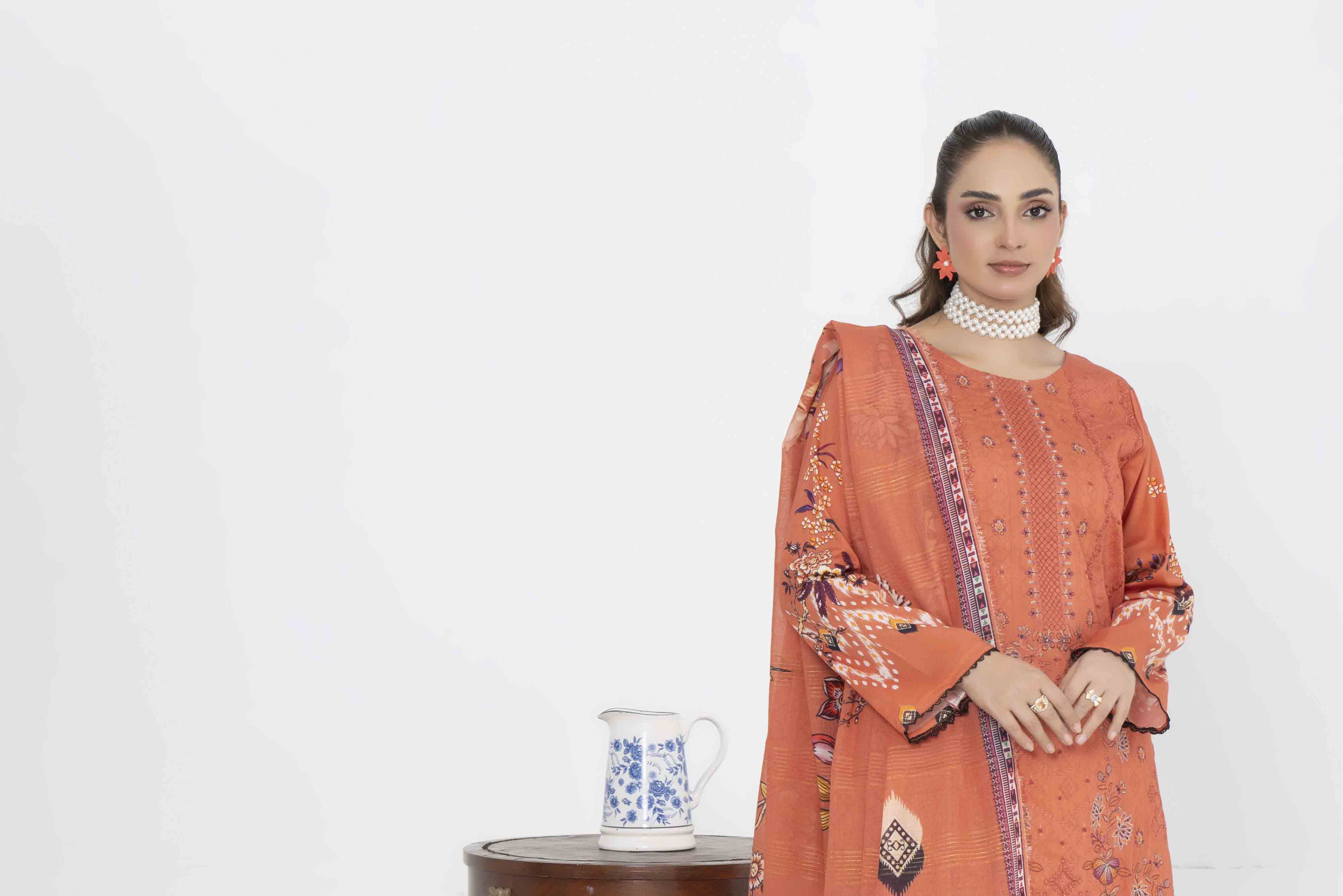 Luxury Orange Printed Embroidered 3 Pcs Lawn Set