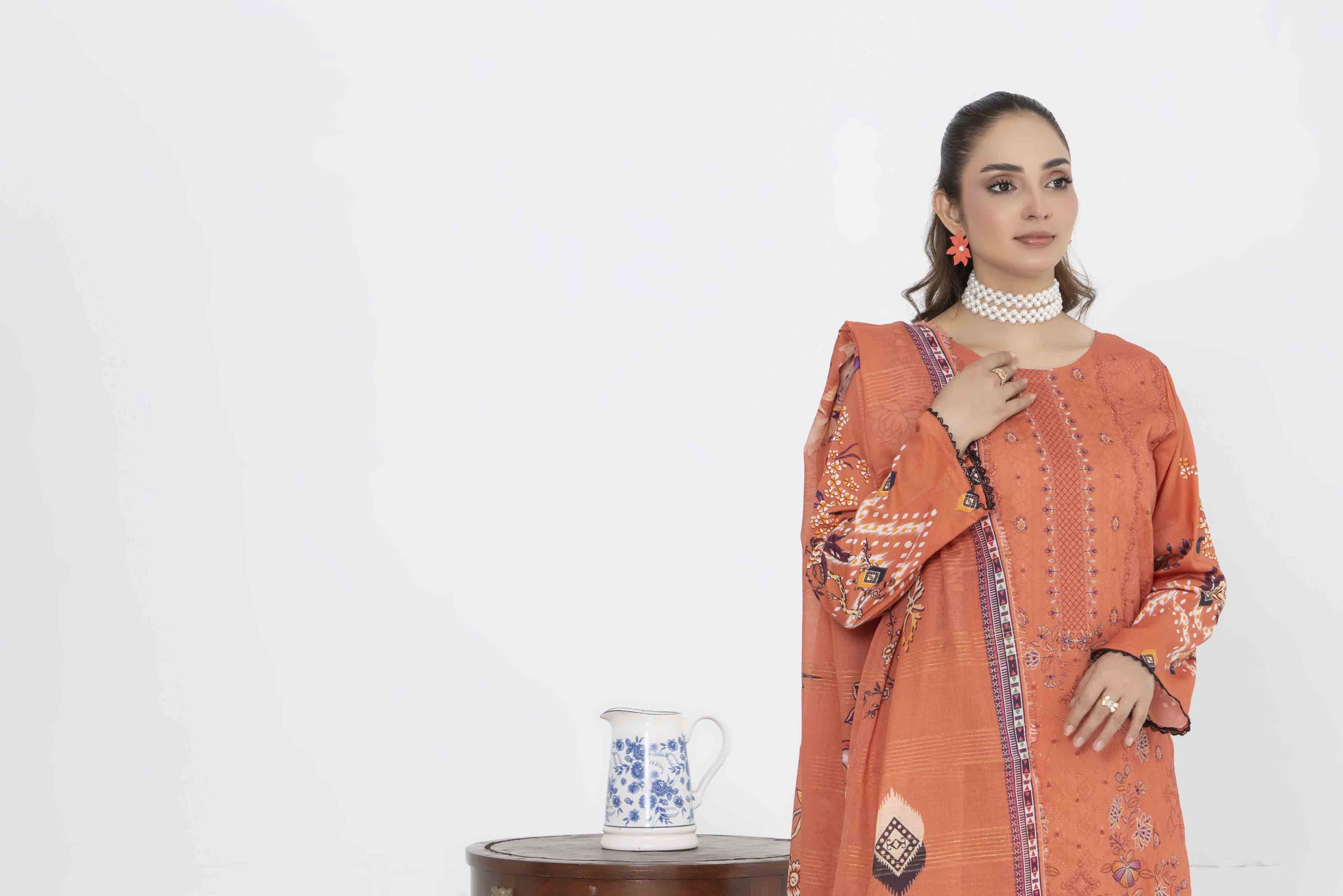 Luxury Orange Printed Embroidered 3 Pcs Lawn Set