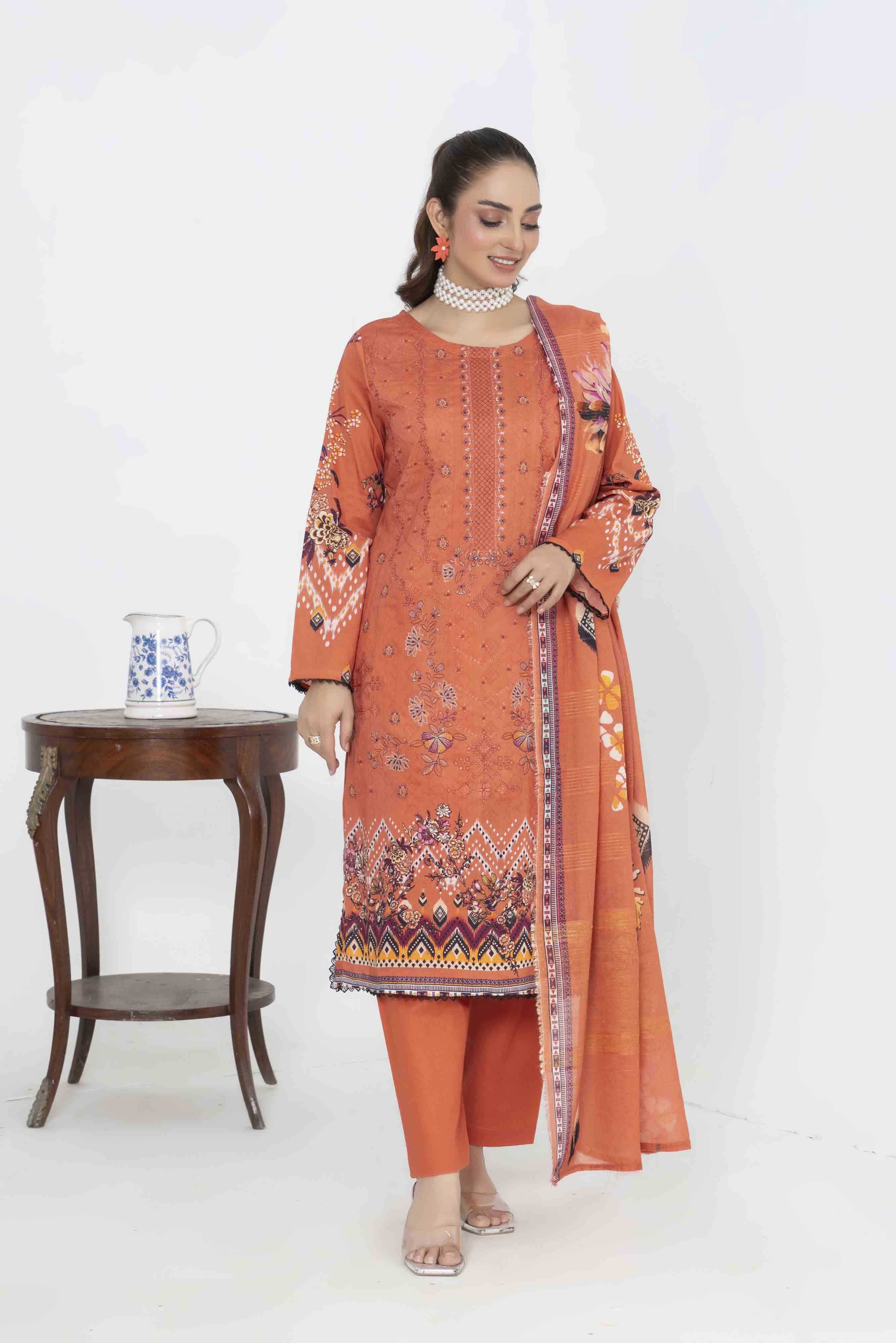 Luxury Orange Printed Embroidered 3 Pcs Lawn Set